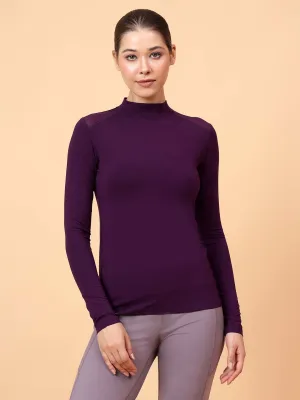 Fitkin Women Purple Shoulder Net Panel Tshirt