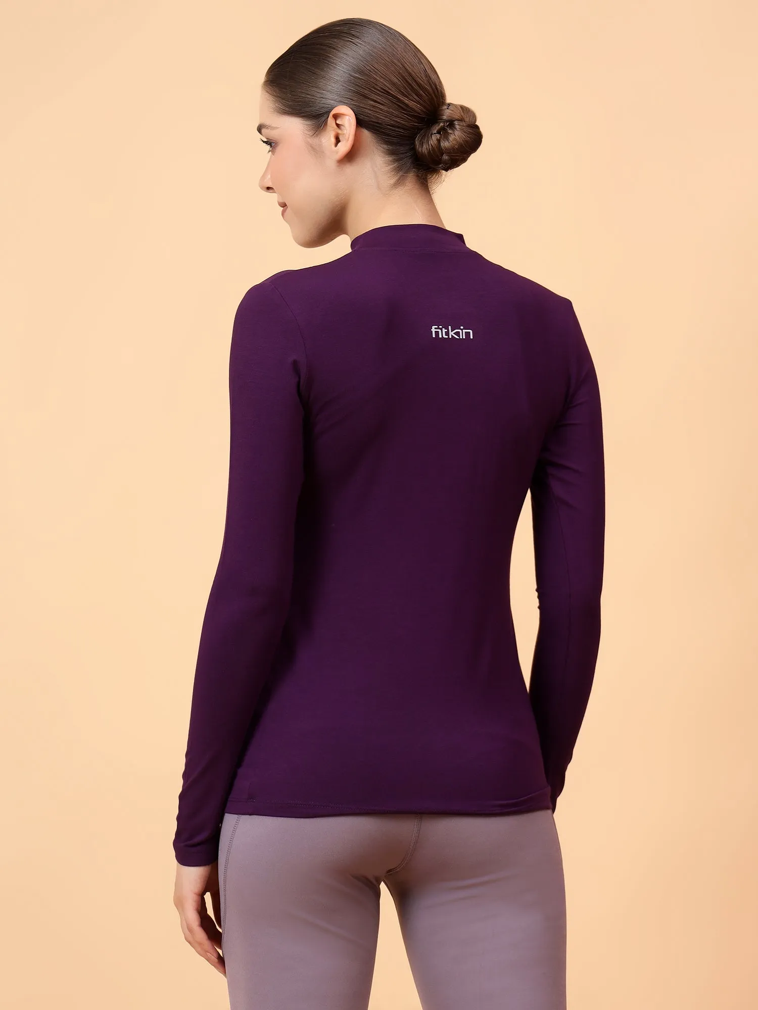 Fitkin Women Purple Shoulder Net Panel Tshirt
