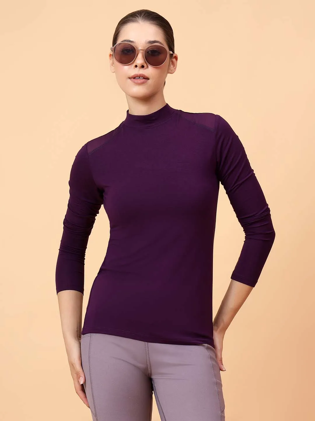 Fitkin Women Purple Shoulder Net Panel Tshirt