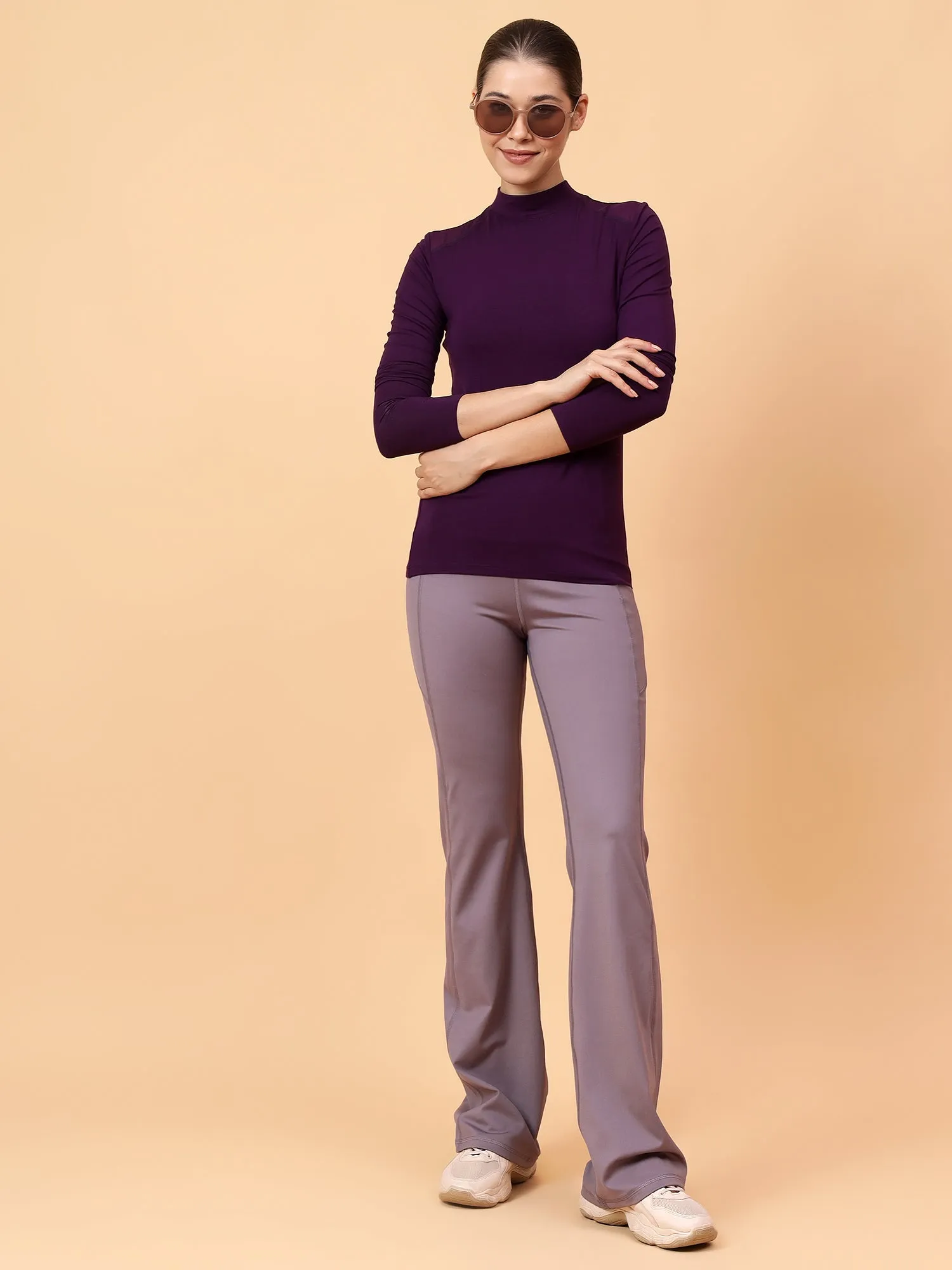 Fitkin Women Purple Shoulder Net Panel Tshirt