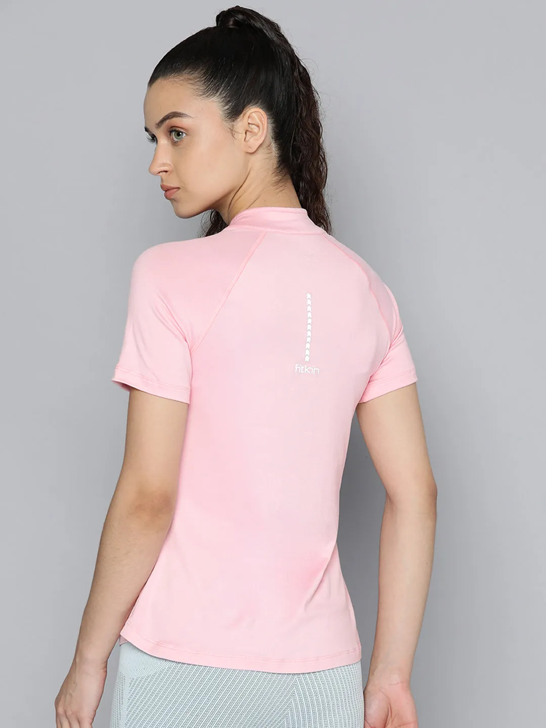 Fitkin Women Rose Pink Solid Front Zipper High Neck T-shirt