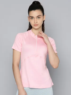 Fitkin Women Rose Pink Solid Front Zipper High Neck T-shirt