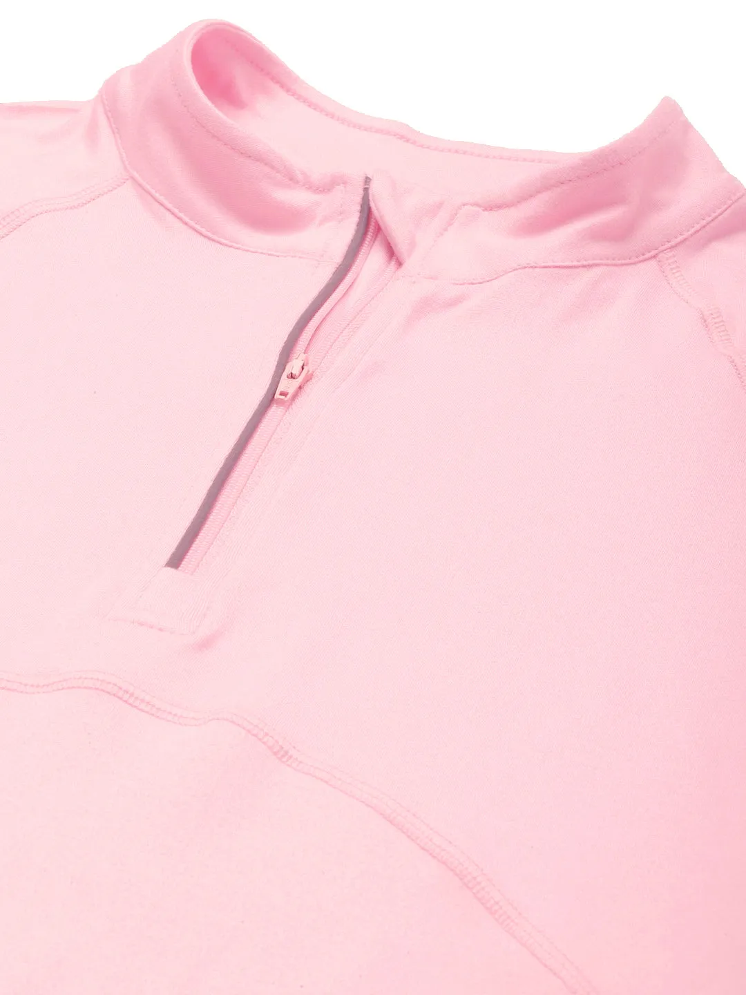 Fitkin Women Rose Pink Solid Front Zipper High Neck T-shirt