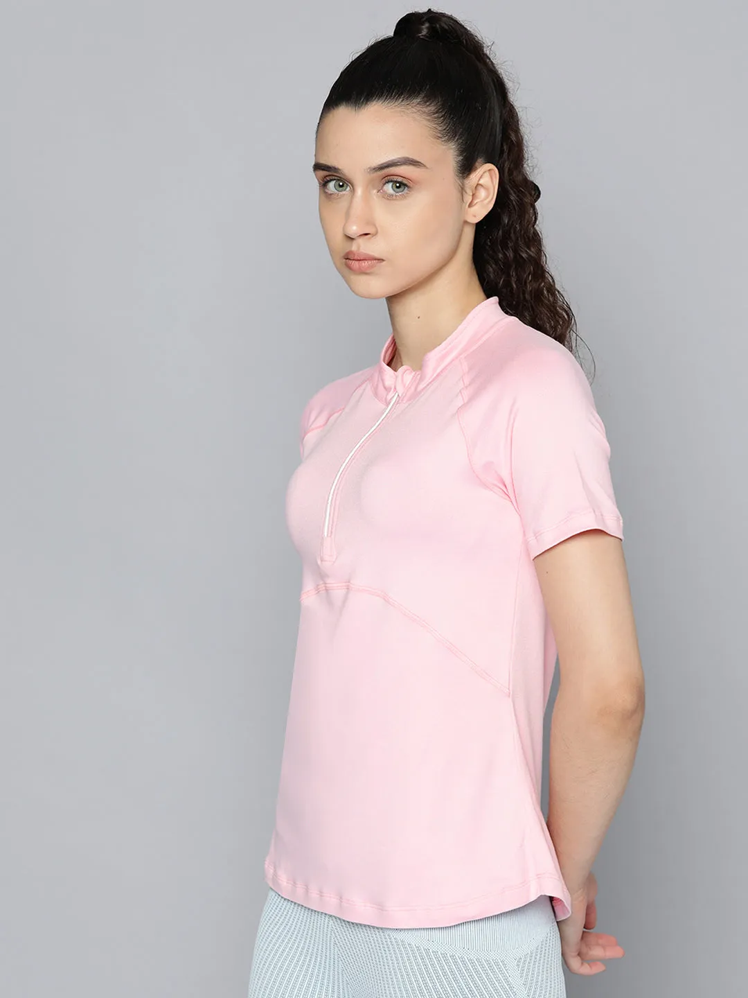Fitkin Women Rose Pink Solid Front Zipper High Neck T-shirt