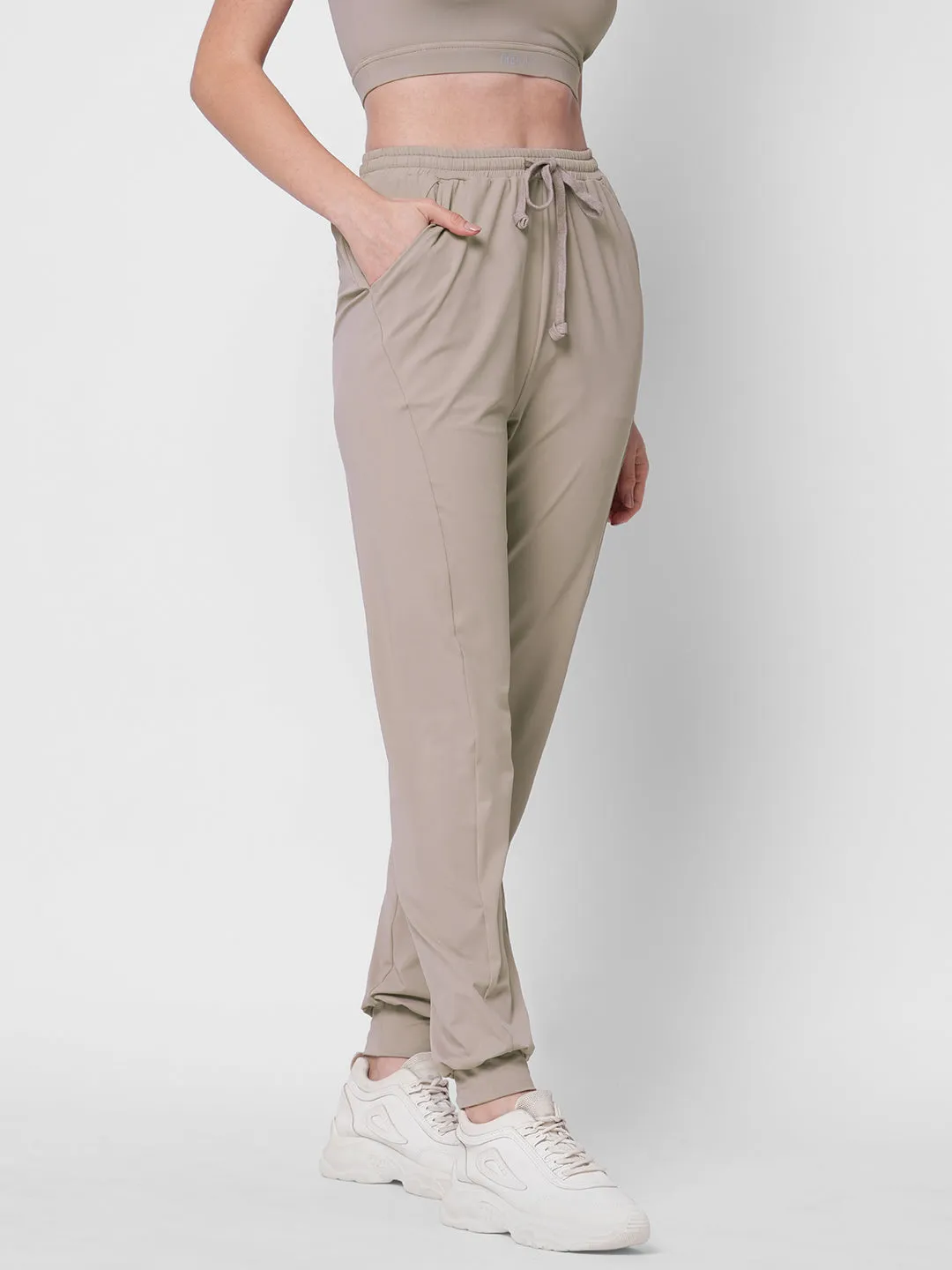Fitkin women rose taupe high waist jogger with side pockets