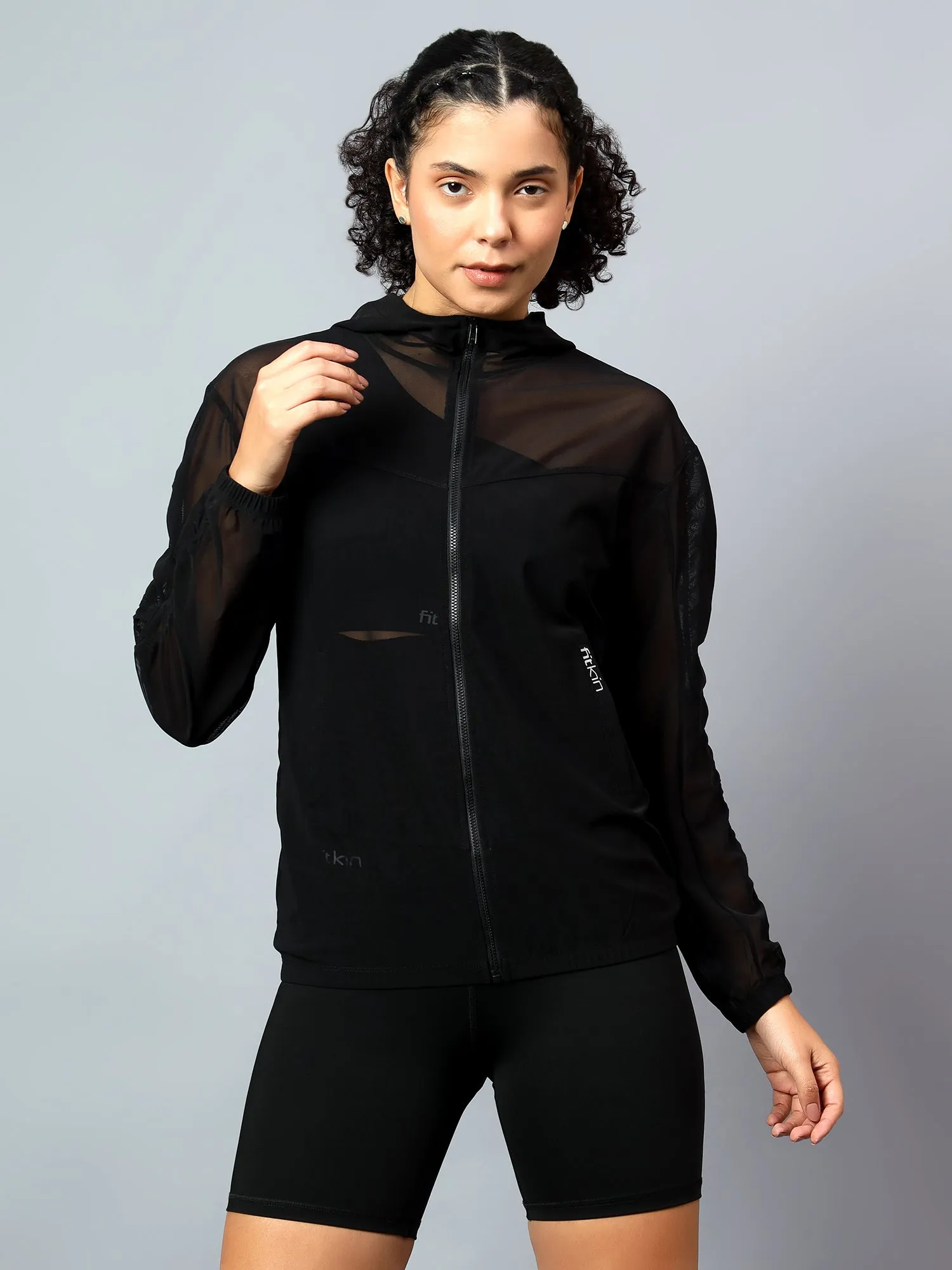 Fitkin Women Ruched Long Sleeve Mesh Jacket