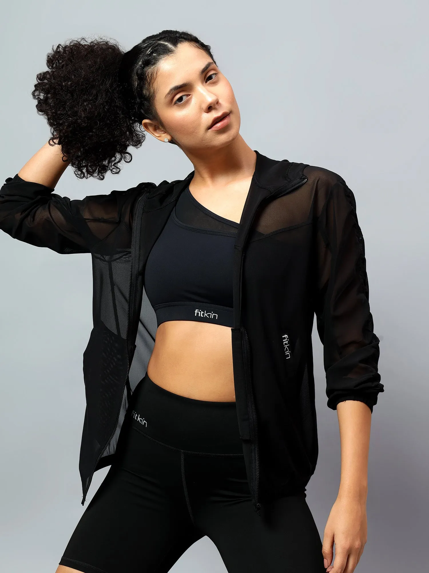 Fitkin Women Ruched Long Sleeve Mesh Jacket