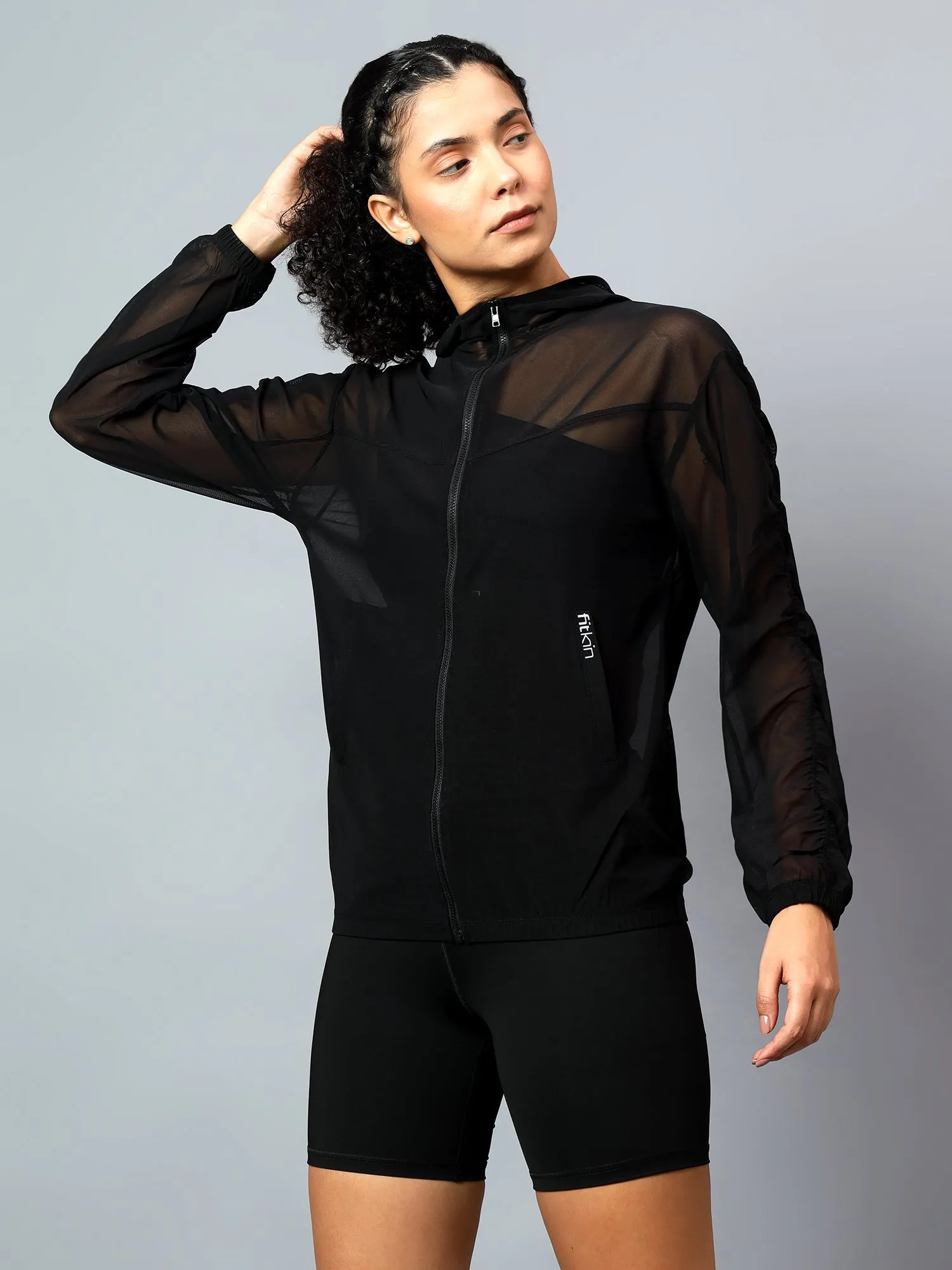 Fitkin Women Ruched Long Sleeve Mesh Jacket