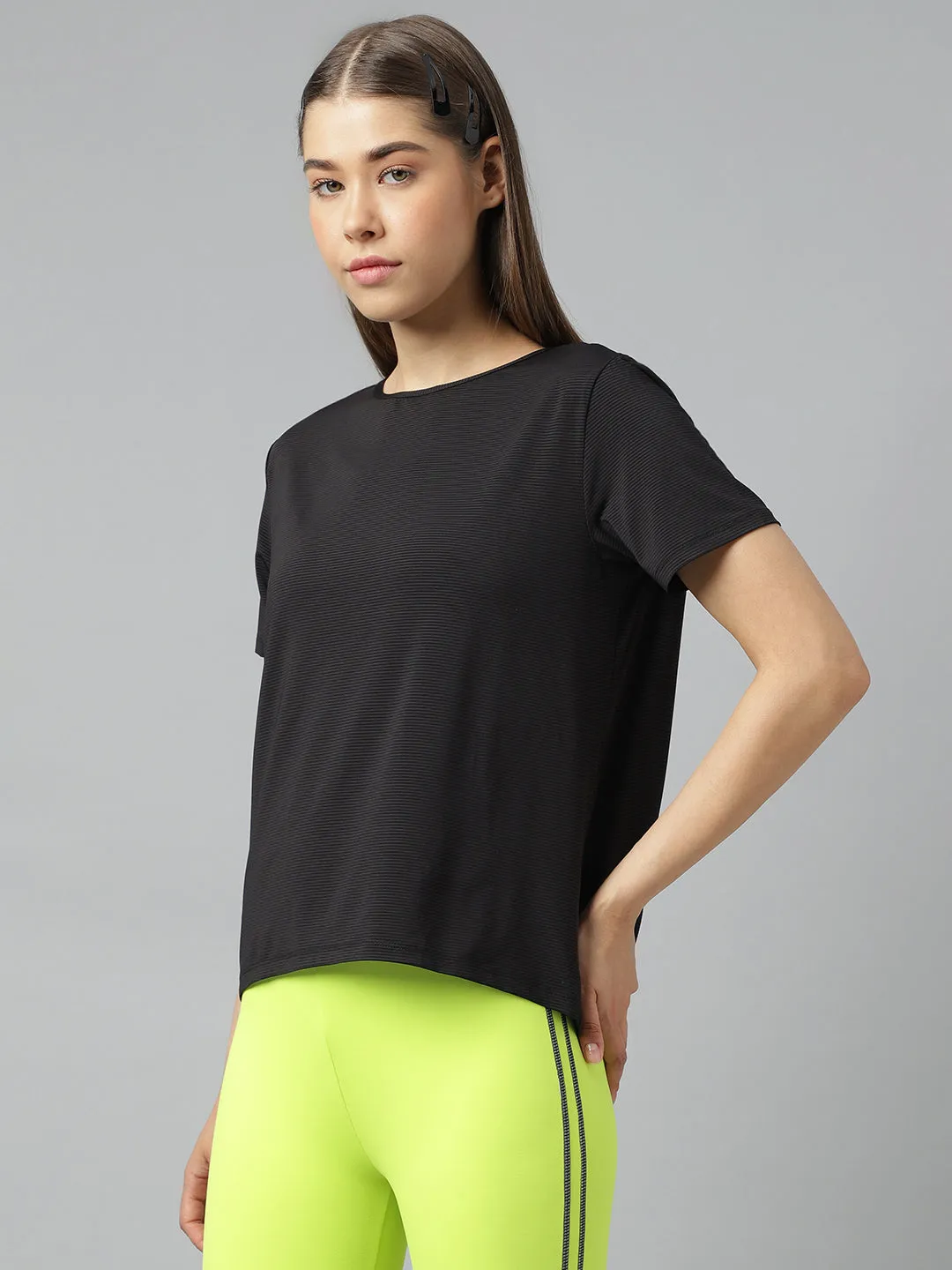 Fitkin women self stripes boat neck back design t-shirt