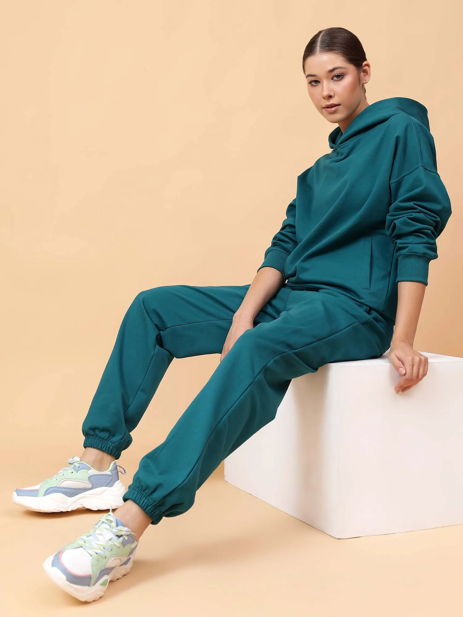 Fitkin Women Solid Teal Green CozyCore Fleece Hoodie