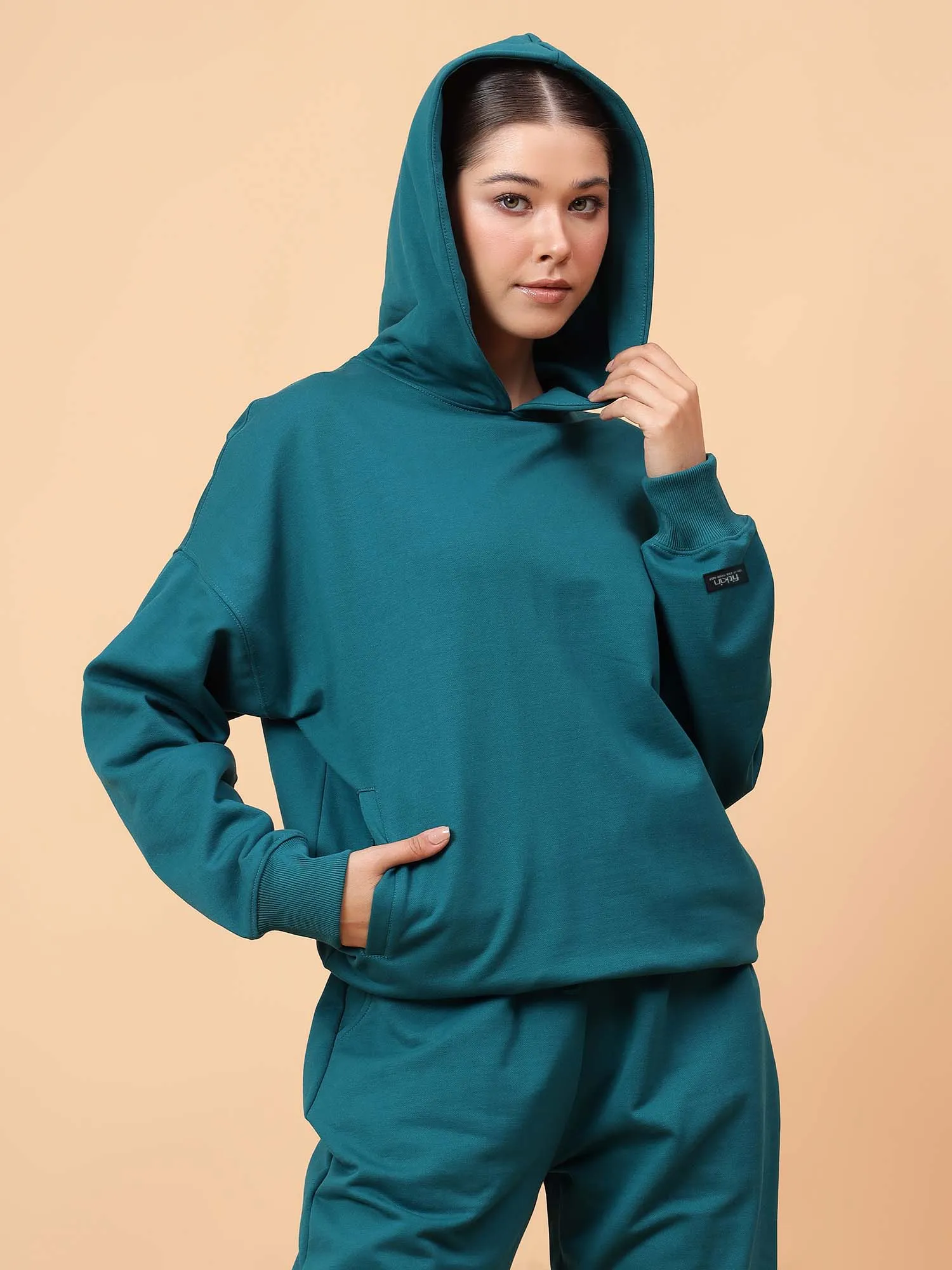 Fitkin Women Solid Teal Green CozyCore Fleece Hoodie