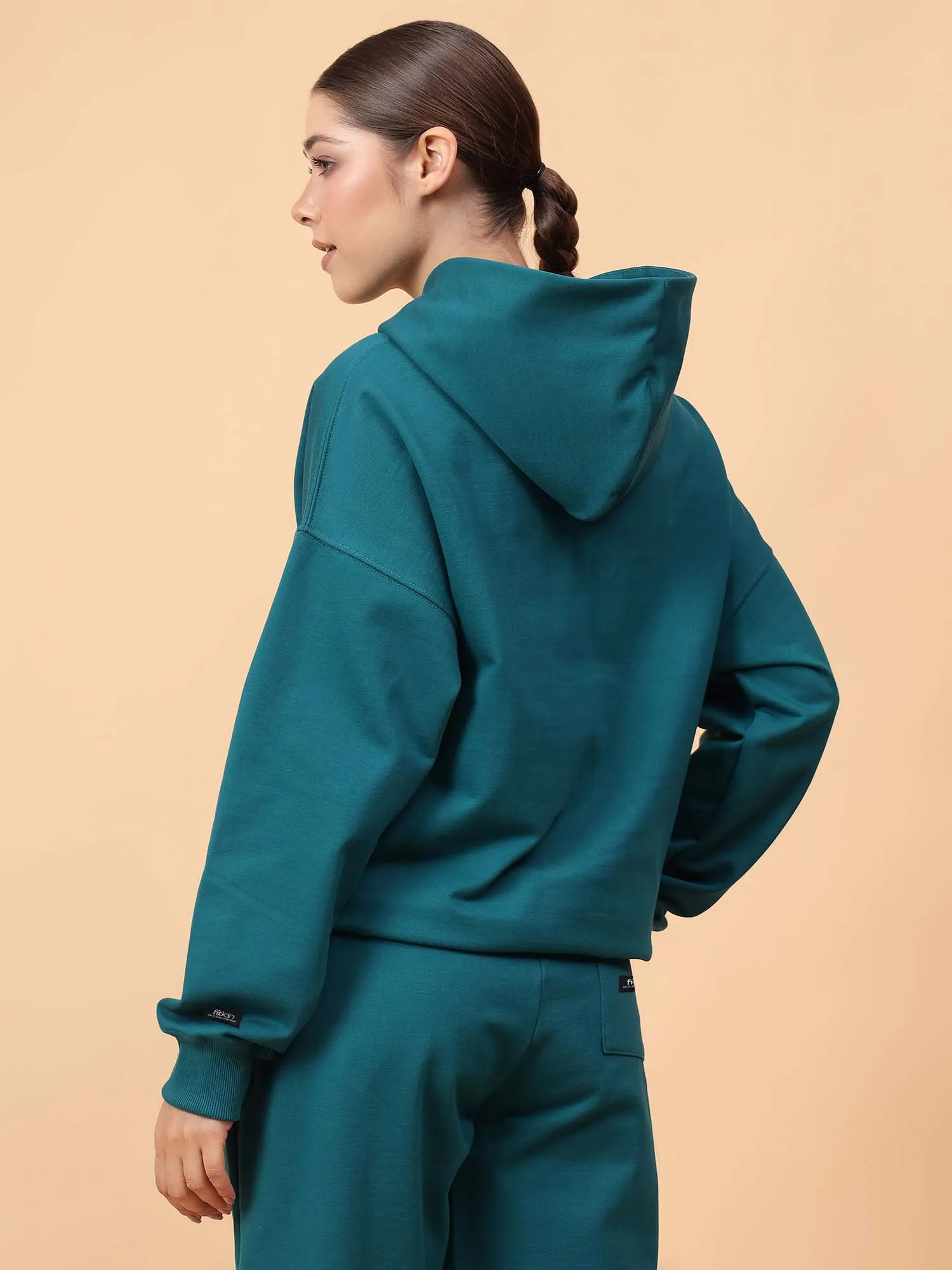 Fitkin Women Solid Teal Green CozyCore Fleece Hoodie