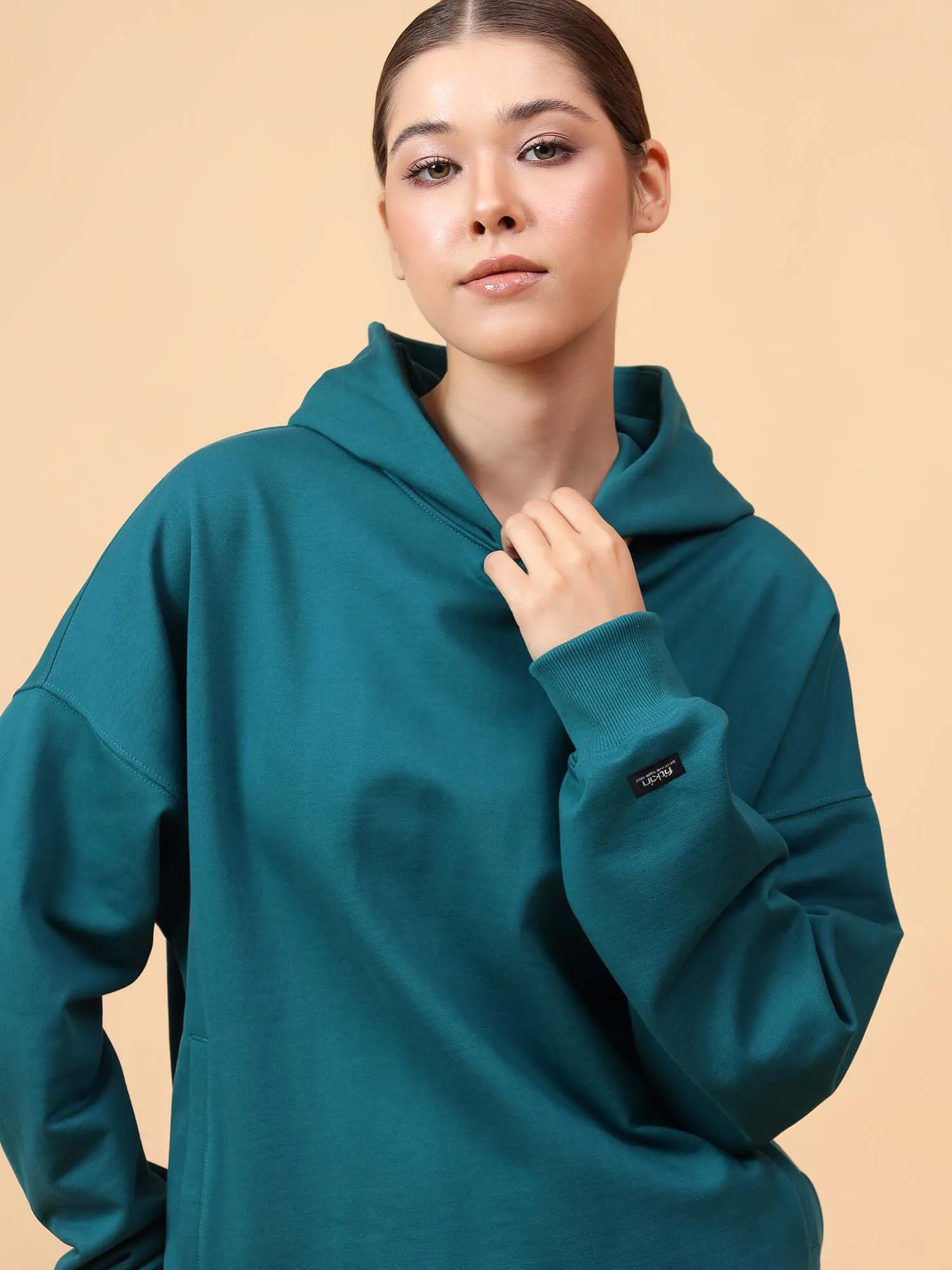 Fitkin Women Solid Teal Green CozyCore Fleece Hoodie