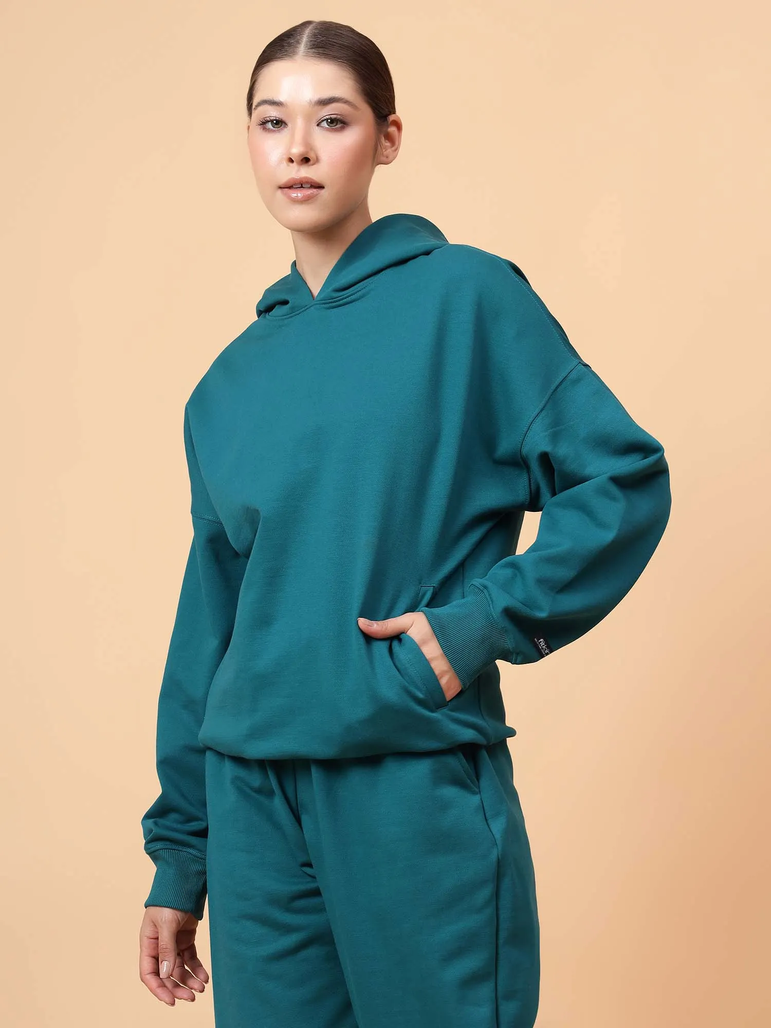 Fitkin Women Solid Teal Green CozyCore Fleece Hoodie