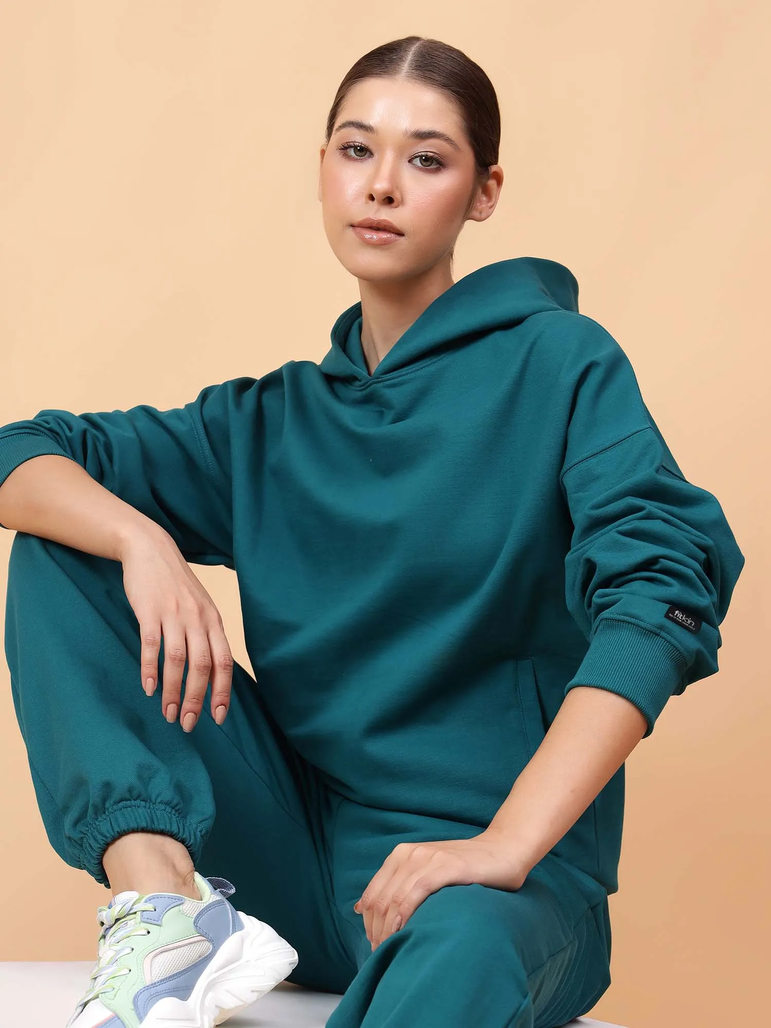 Fitkin Women Solid Teal Green CozyCore Fleece Hoodie