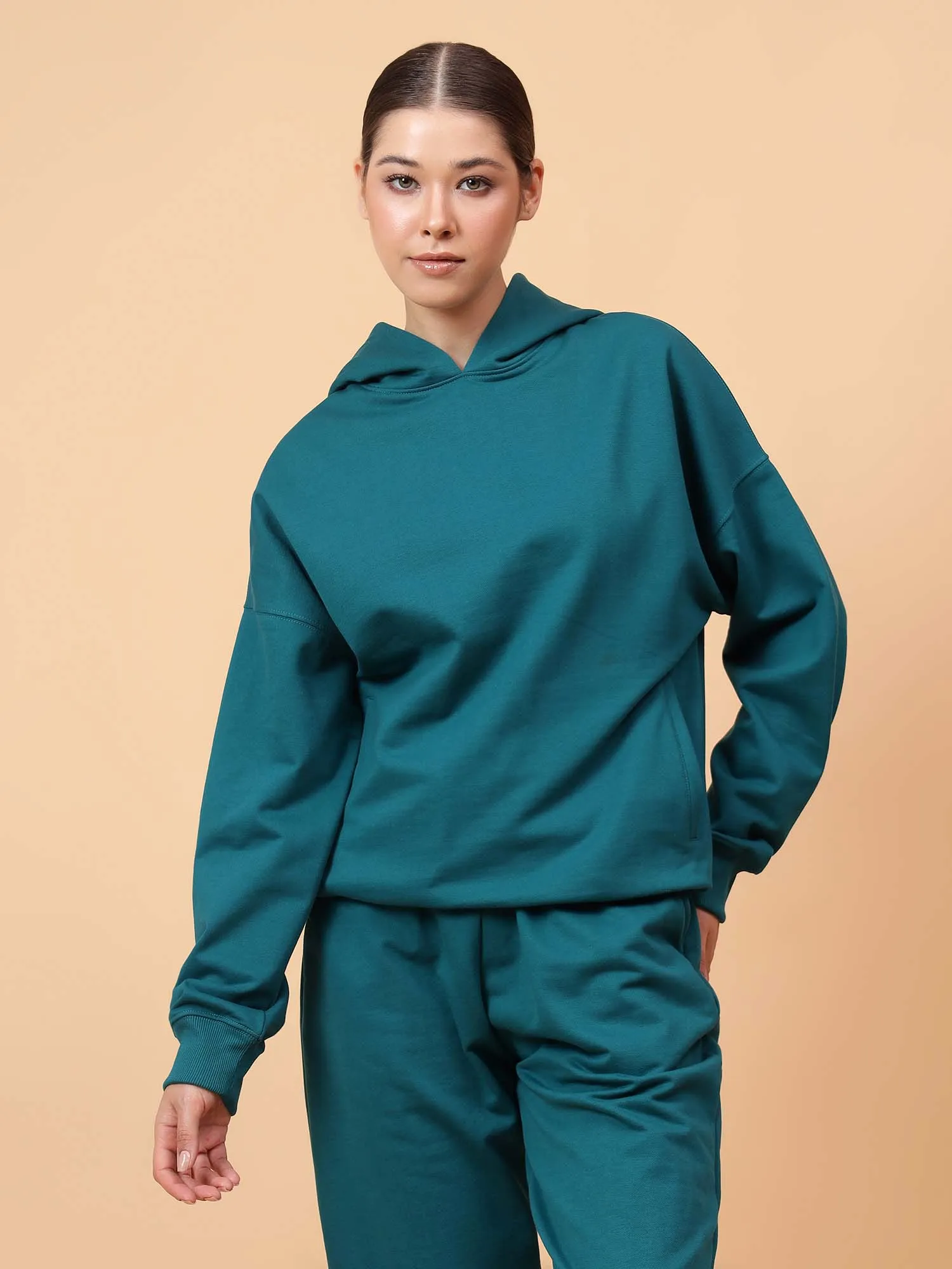 Fitkin Women Solid Teal Green CozyCore Fleece Hoodie