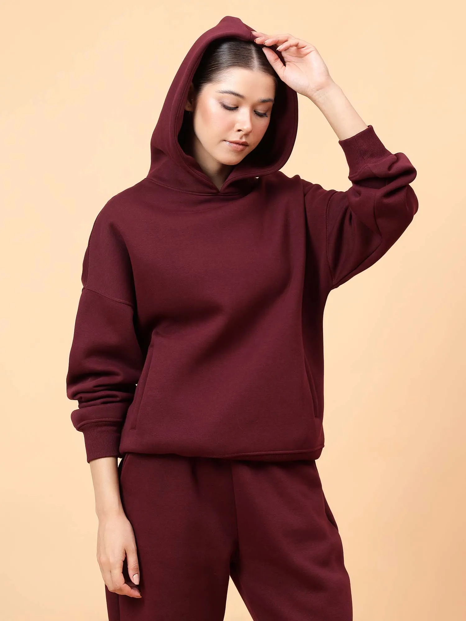 Fitkin Women Solid Wine CozyCore Fleece Hoodie