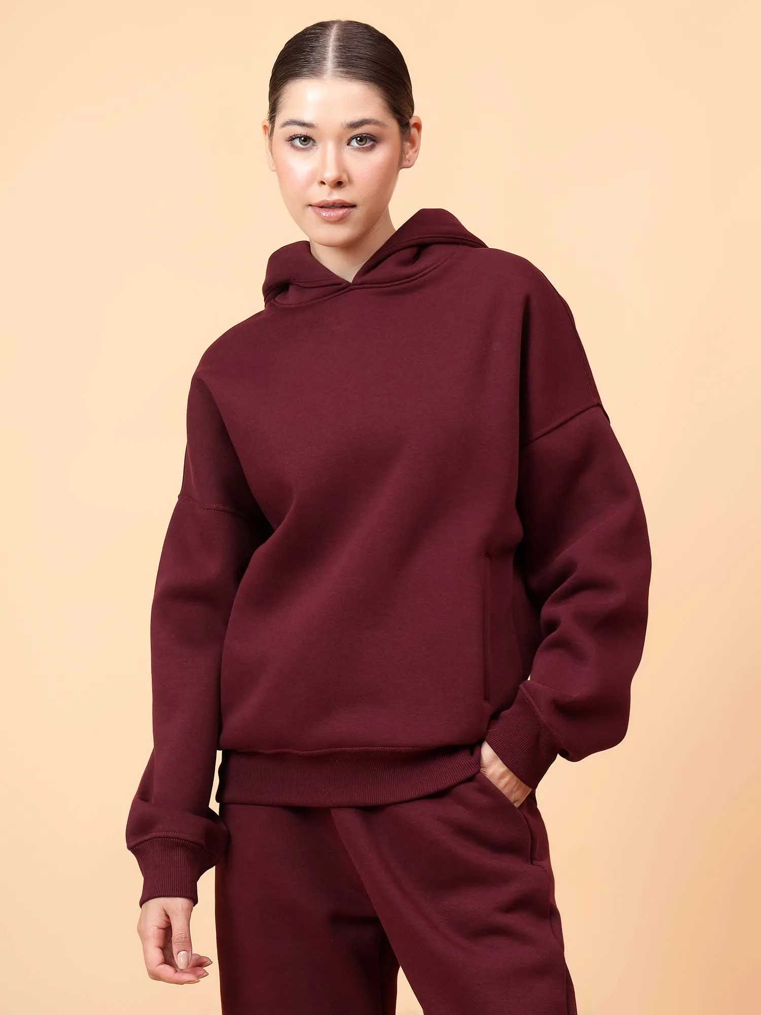 Fitkin Women Solid Wine CozyCore Fleece Hoodie