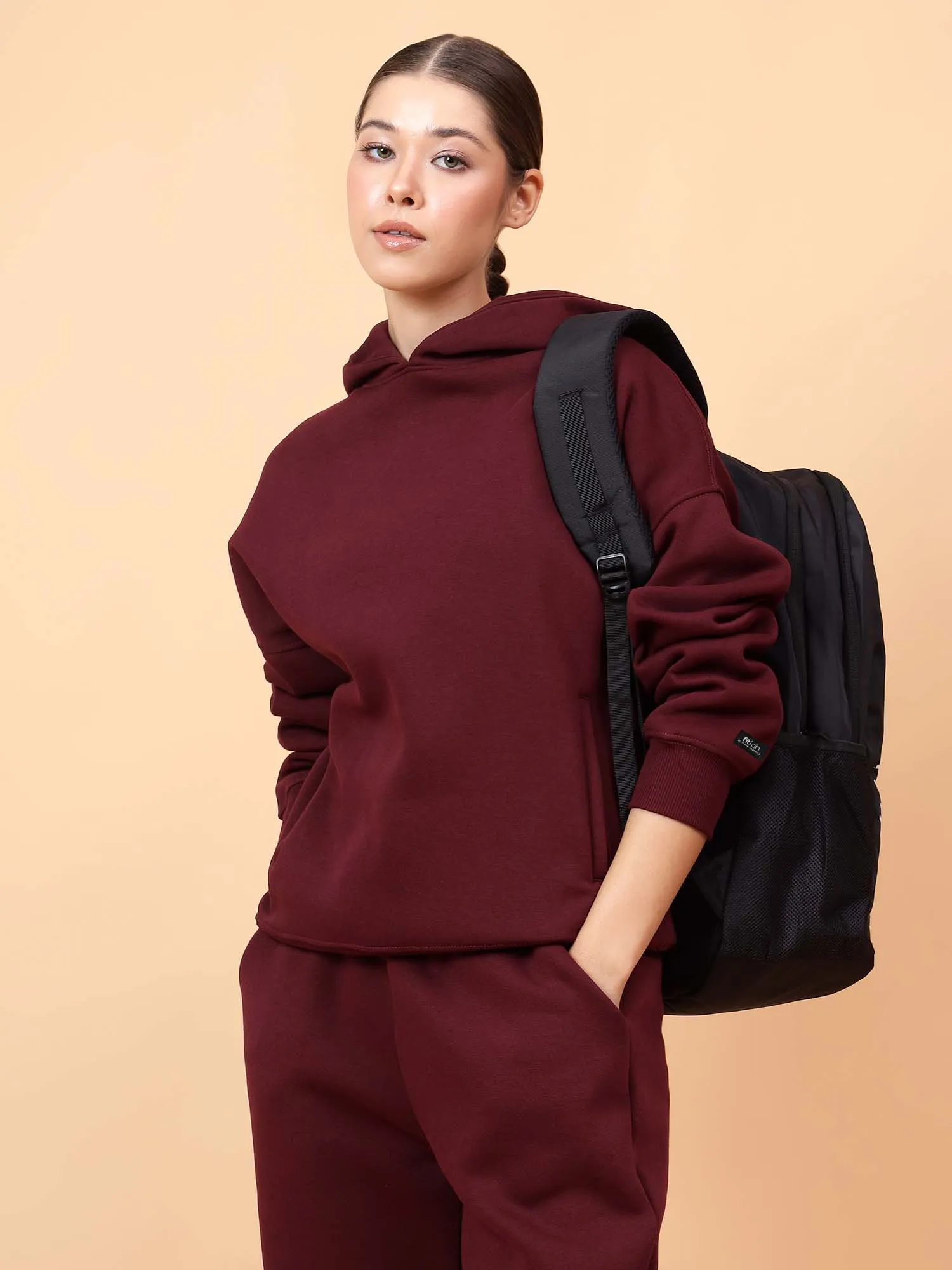 Fitkin Women Solid Wine CozyCore Fleece Hoodie
