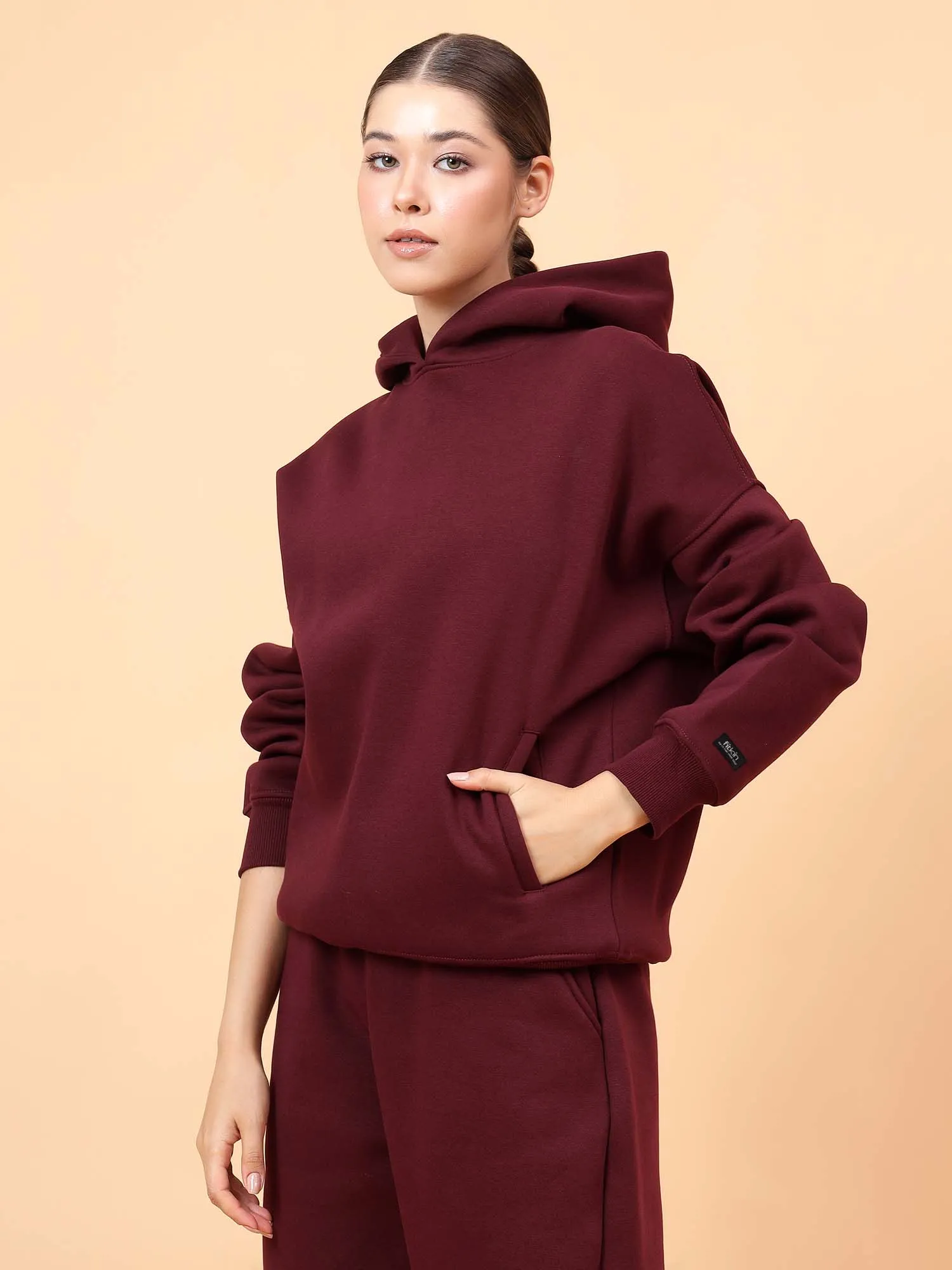 Fitkin Women Solid Wine CozyCore Fleece Hoodie