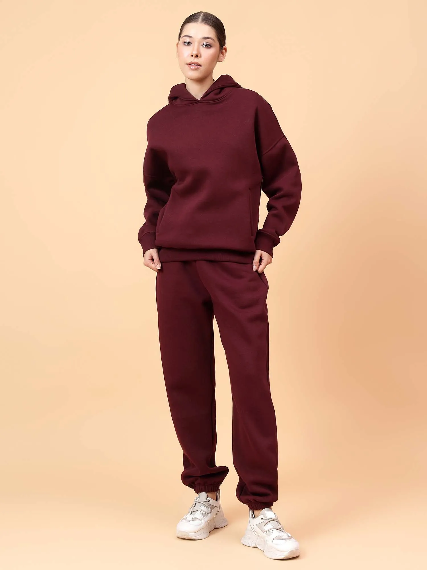 Fitkin Women Solid Wine CozyCore Fleece Hoodie
