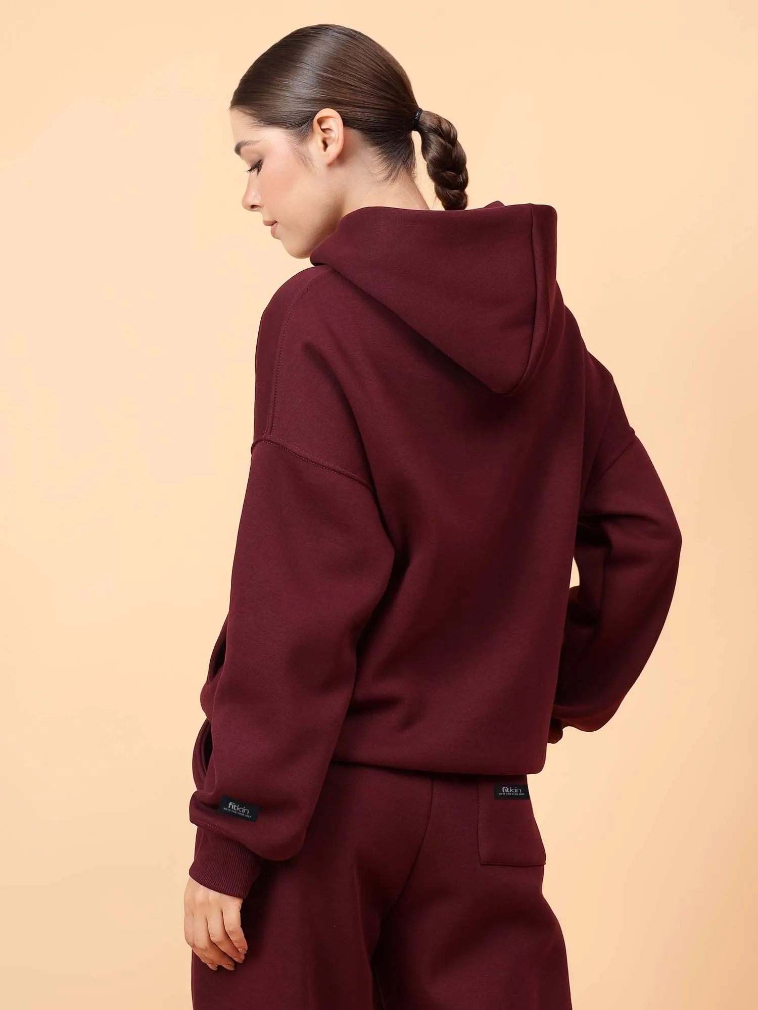 Fitkin Women Solid Wine CozyCore Fleece Hoodie