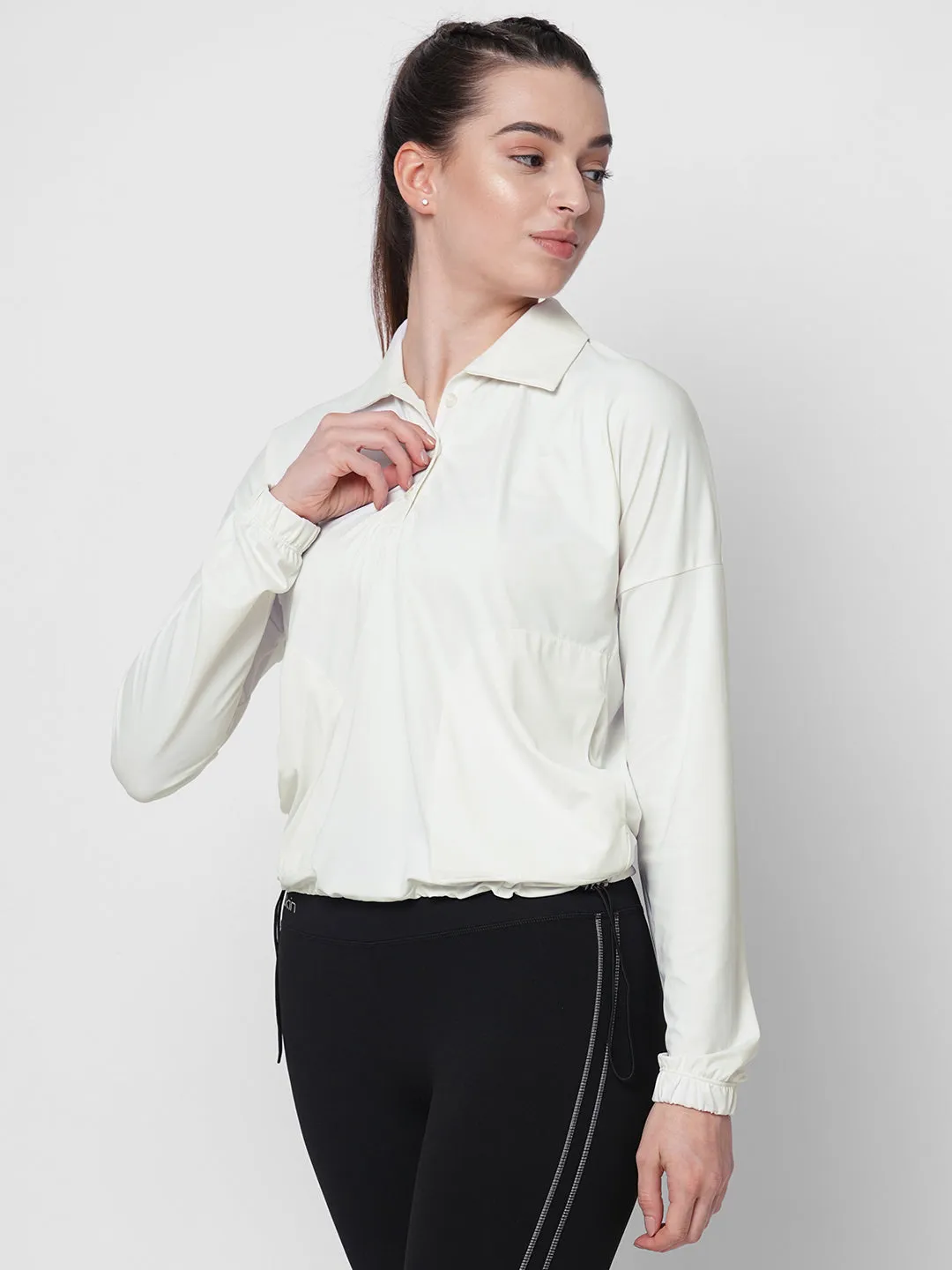 Fitkin women White polo neck tshirt with front button opening