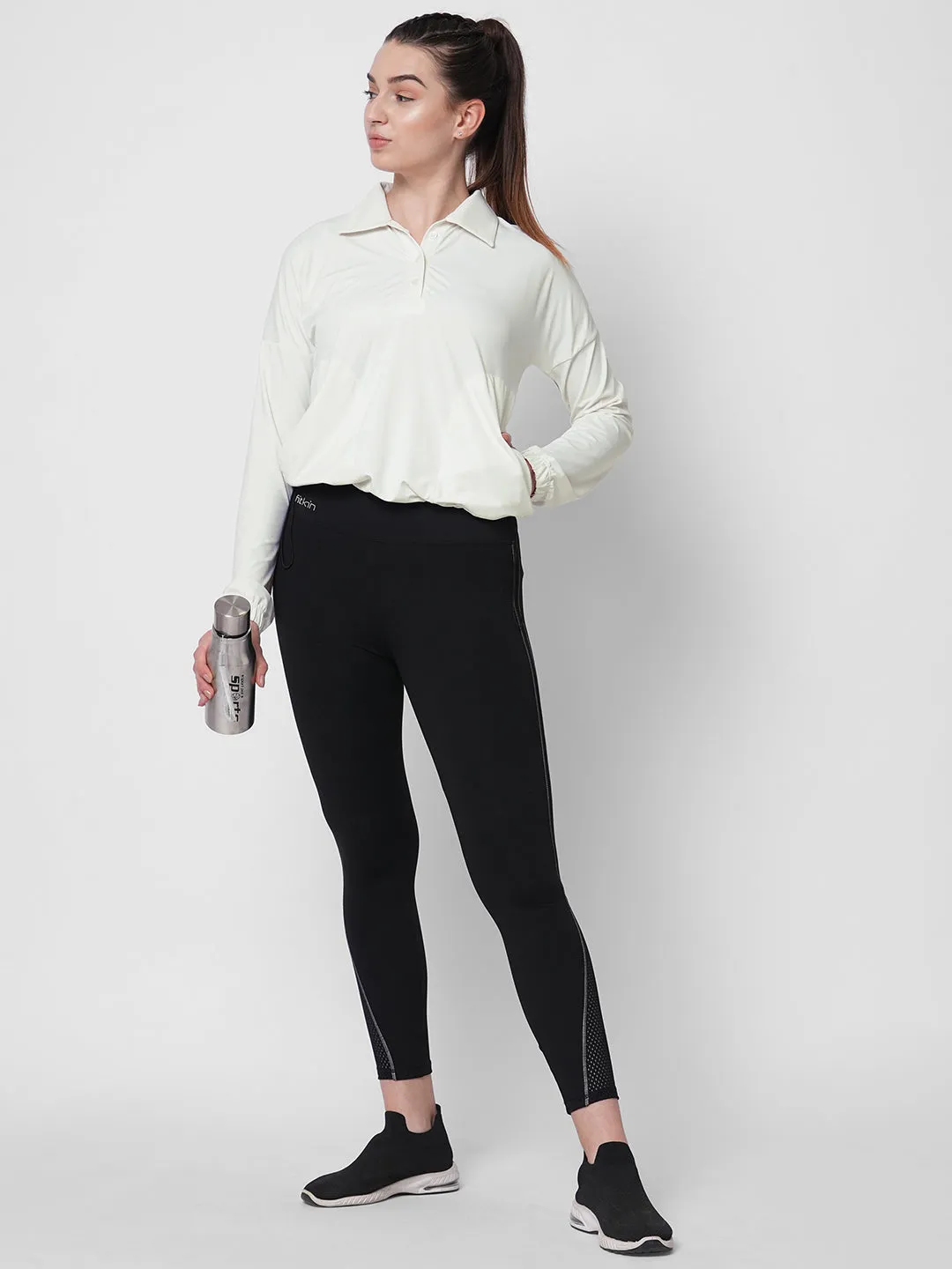 Fitkin women White polo neck tshirt with front button opening