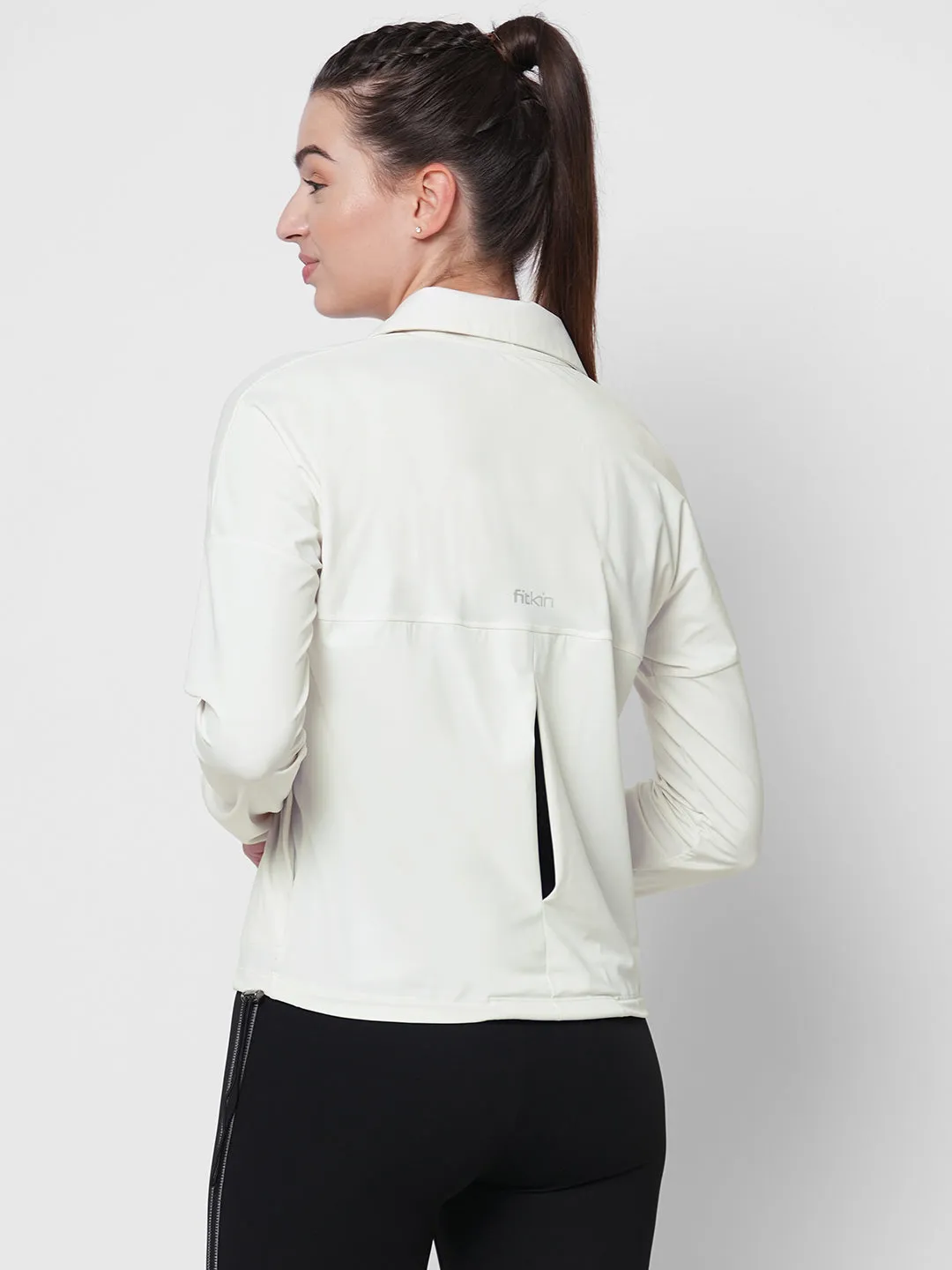 Fitkin women White polo neck tshirt with front button opening
