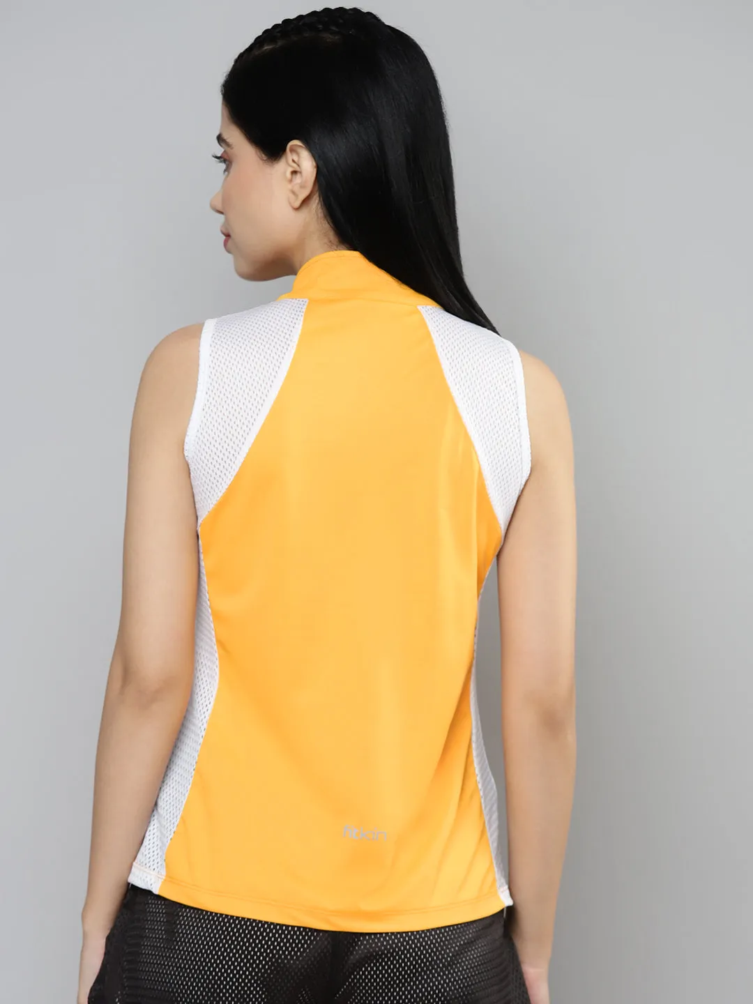 Fitkin Women Yellow & White Colourblocked High Neck T-shirt