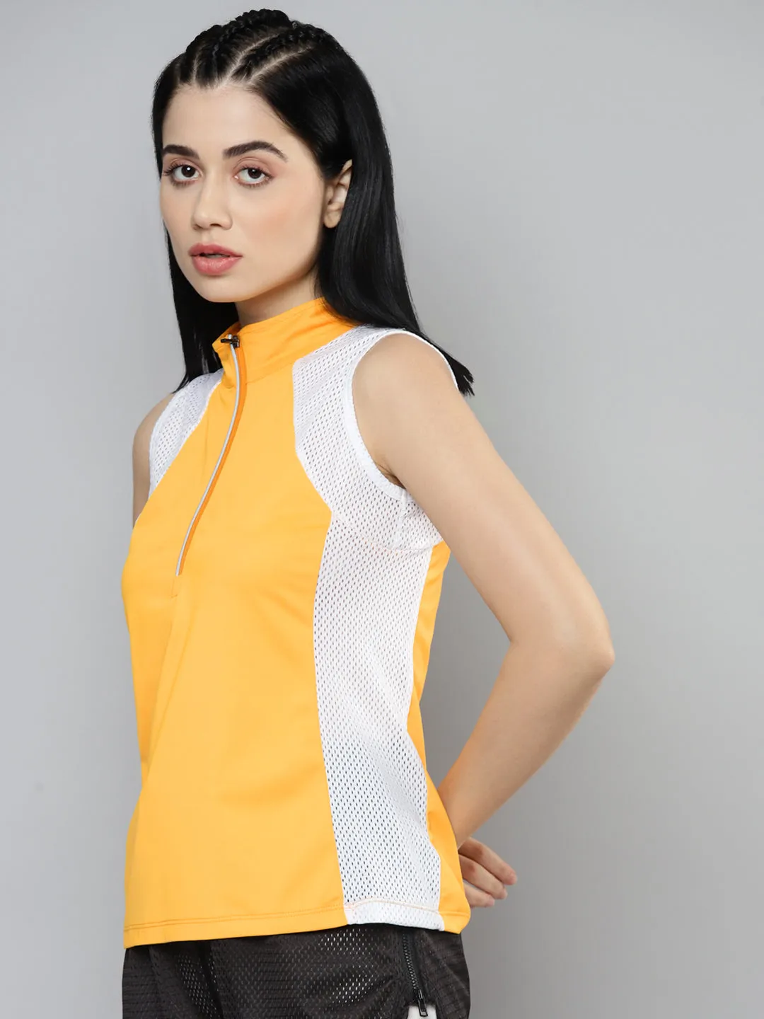 Fitkin Women Yellow & White Colourblocked High Neck T-shirt