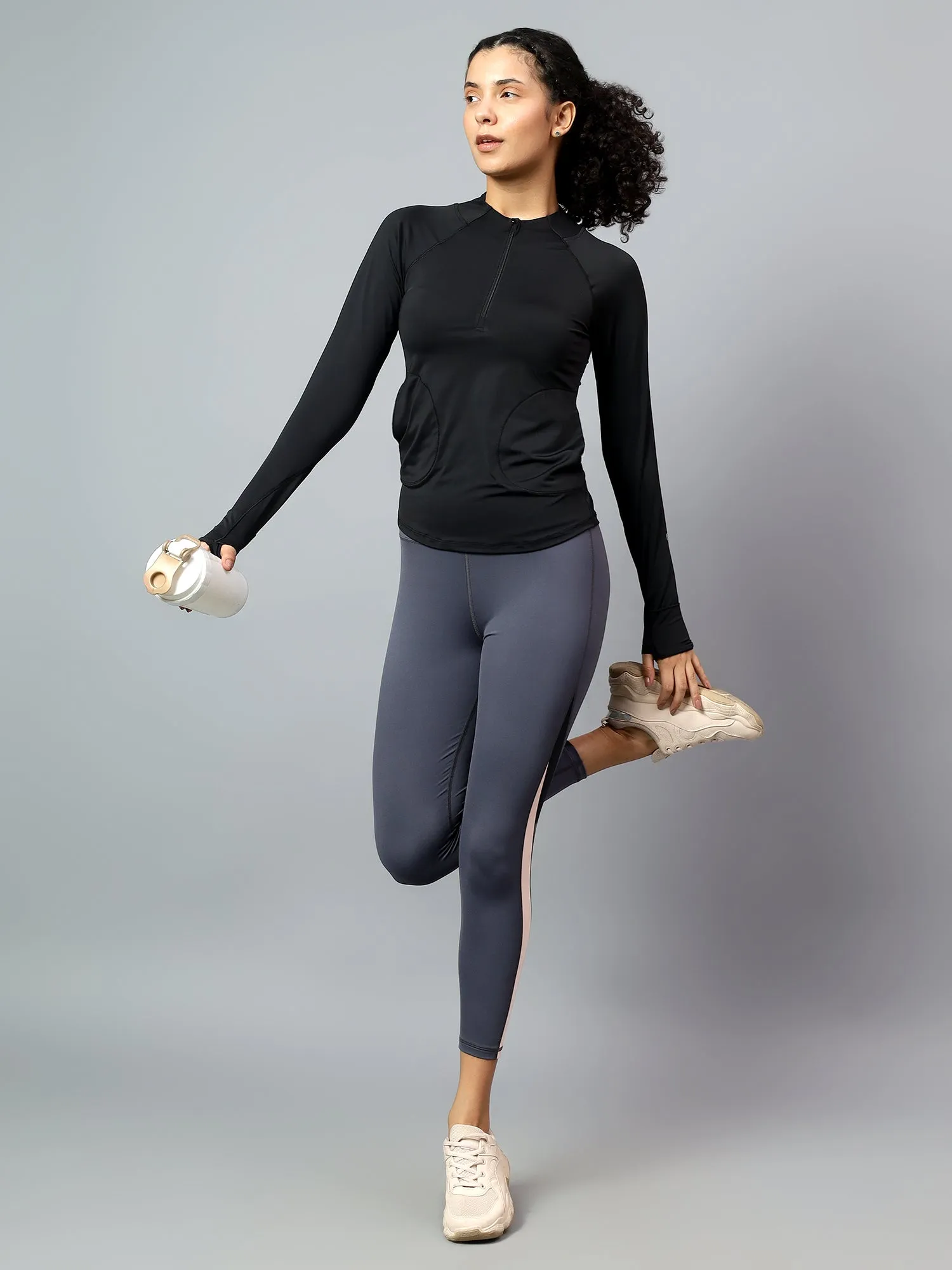 Fitkin Women's Black 1/4 Front Zip Long Sleeve Training Tshirt