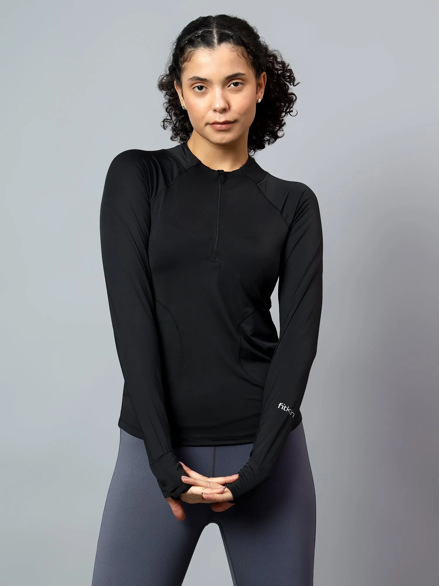 Fitkin Women's Black 1/4 Front Zip Long Sleeve Training Tshirt