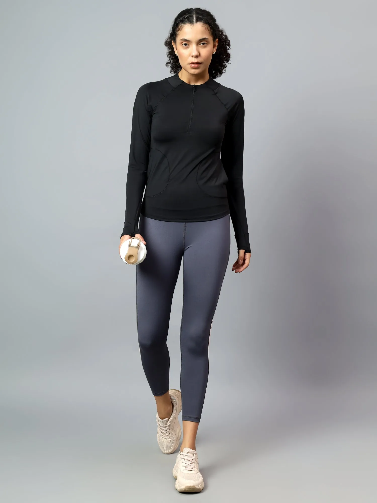 Fitkin Women's Black 1/4 Front Zip Long Sleeve Training Tshirt