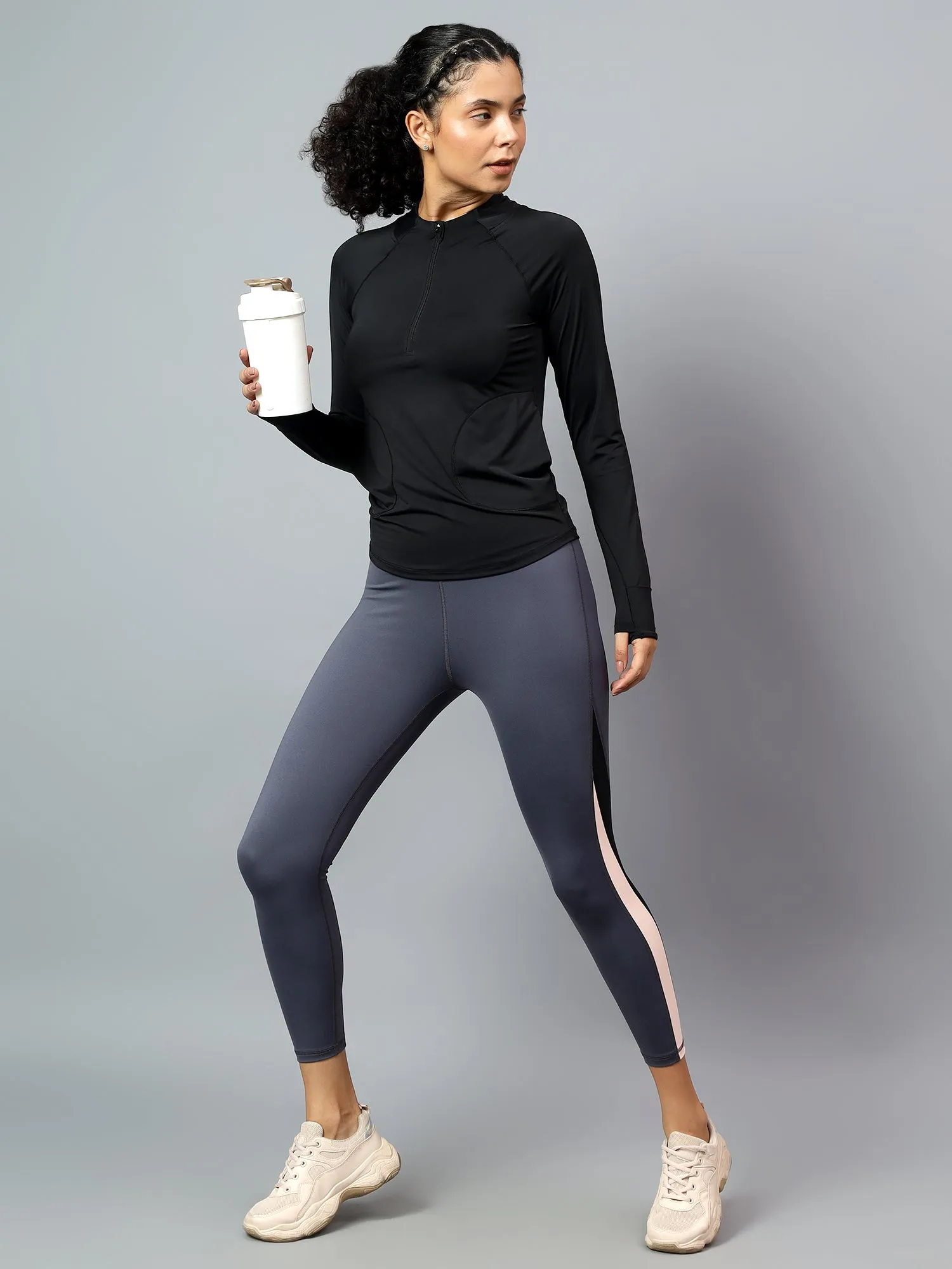Fitkin Women's Black 1/4 Front Zip Long Sleeve Training Tshirt