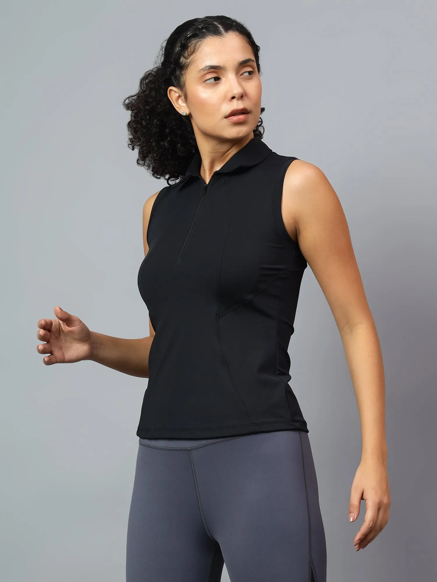 Fitkin Women's Black Polo Zip Top
