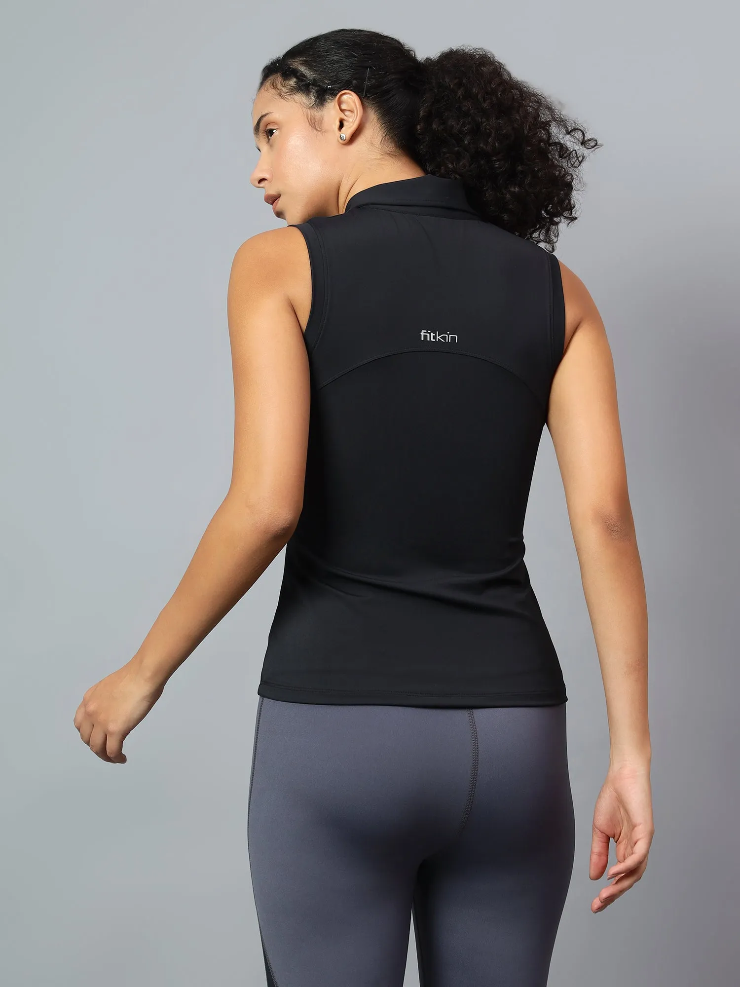 Fitkin Women's Black Polo Zip Top