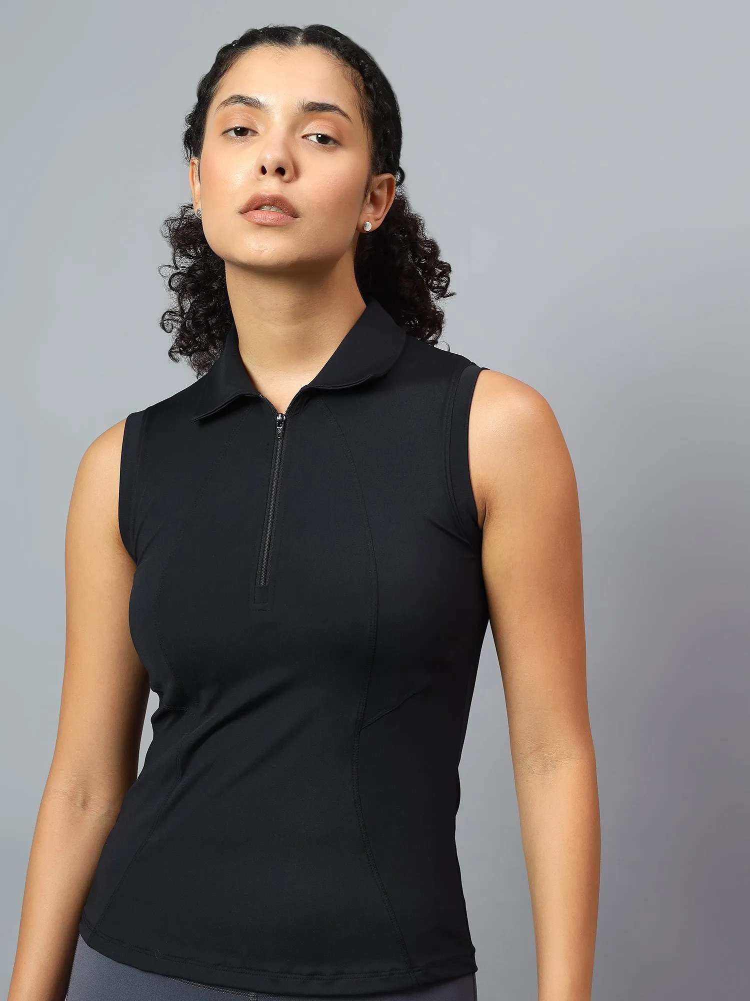 Fitkin Women's Black Polo Zip Top