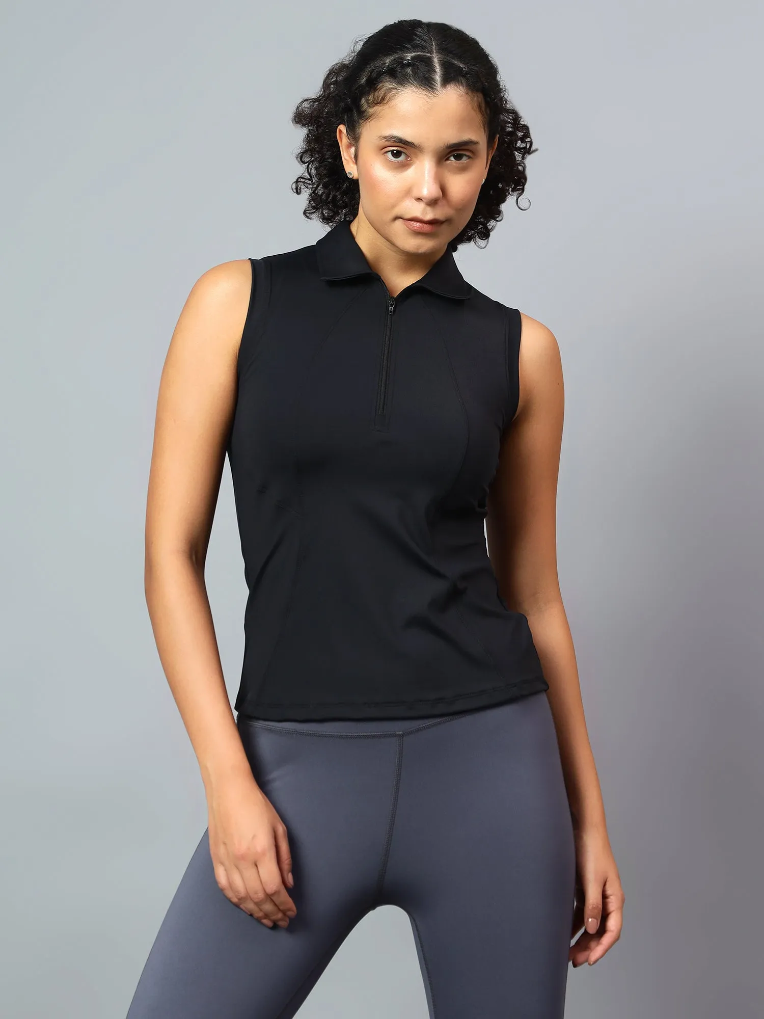 Fitkin Women's Black Polo Zip Top