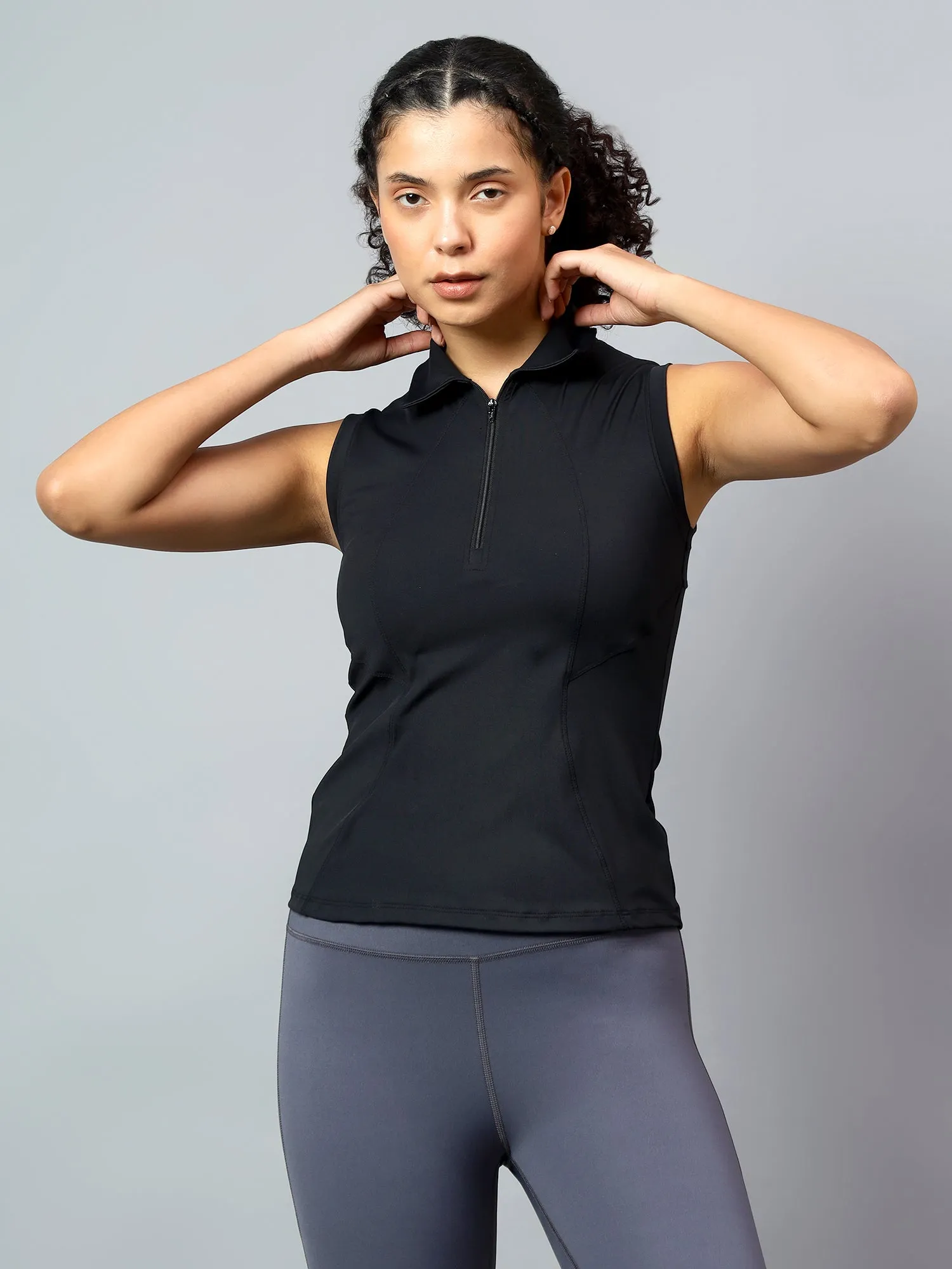 Fitkin Women's Black Polo Zip Top