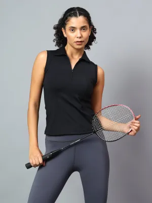 Fitkin Women's Black Polo Zip Top