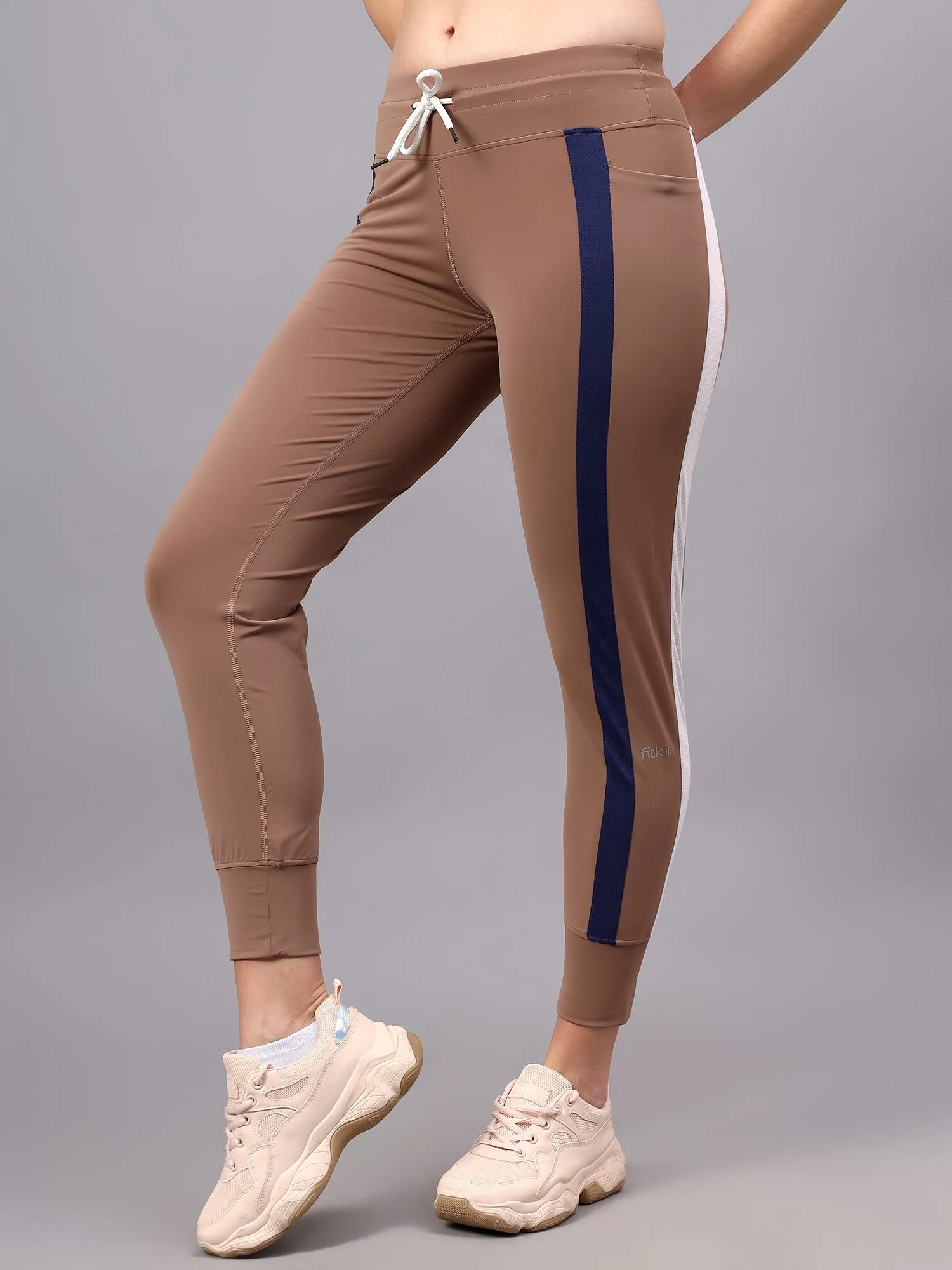 Fitkin Women's Brown Side Stripes Jogger