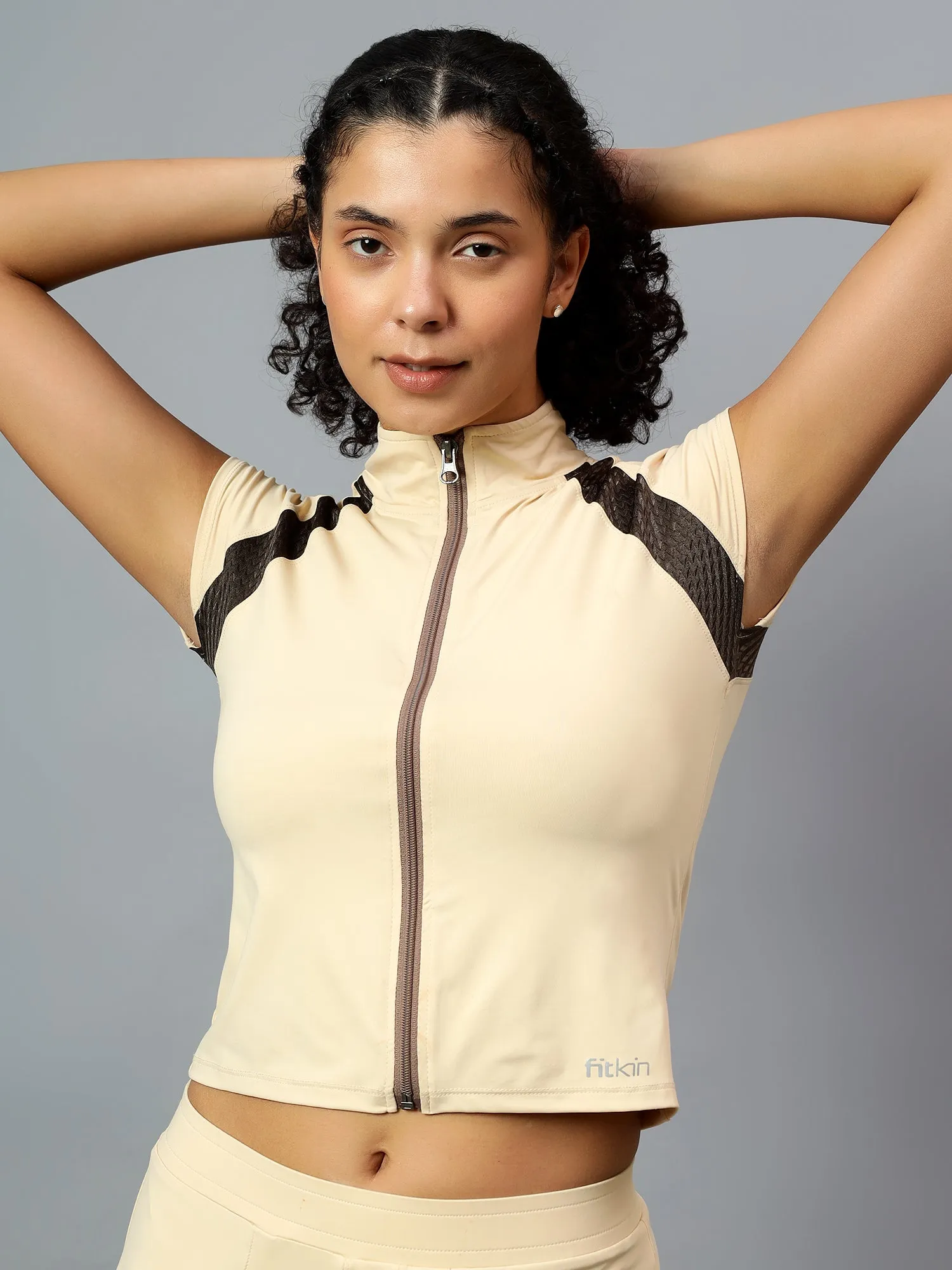 Fitkin Women's Cream Front Open Front Zip Tshirt