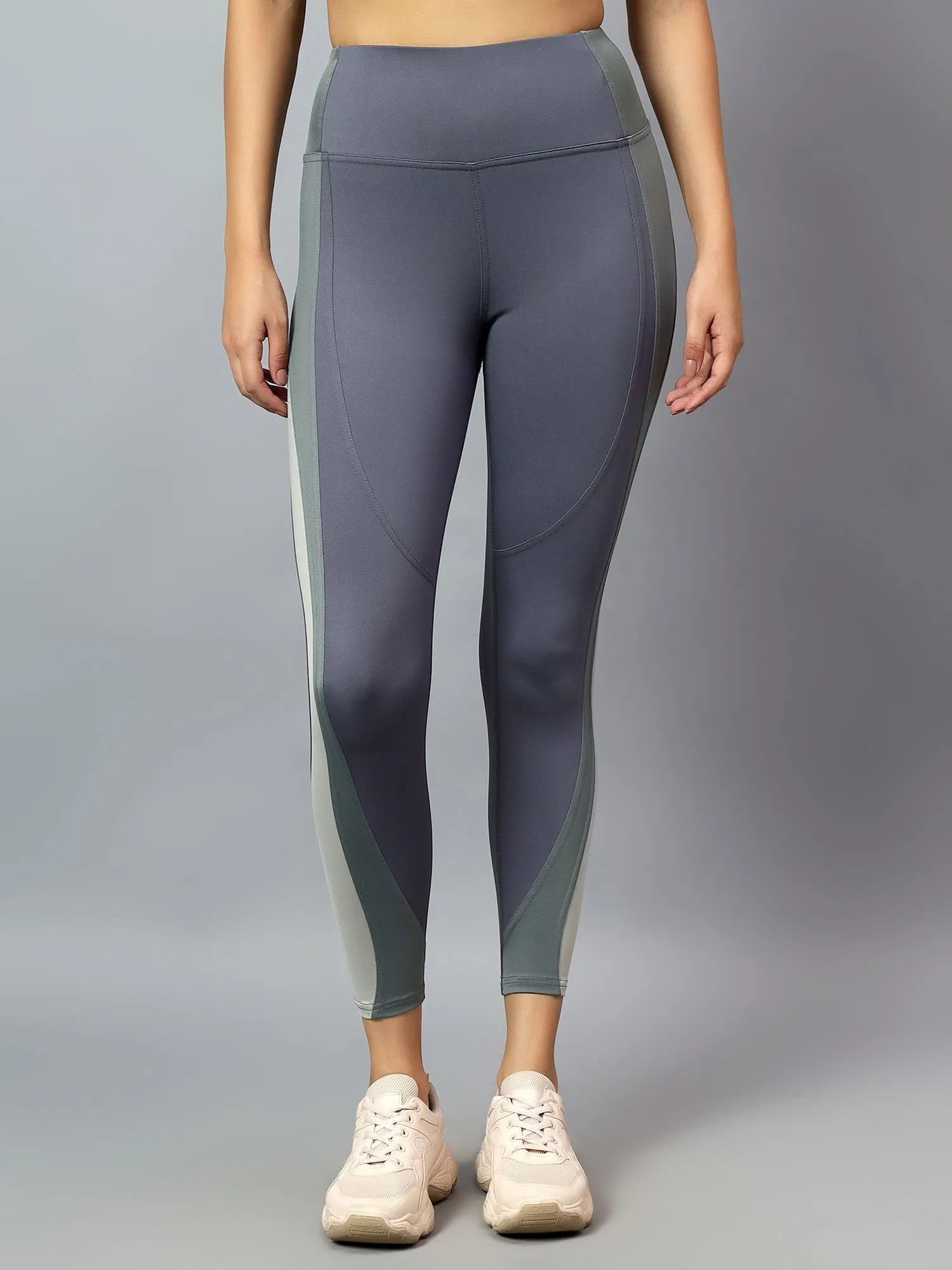 Fitkin Womens Grey Colorblock High Waist Curve Sculpting Tights