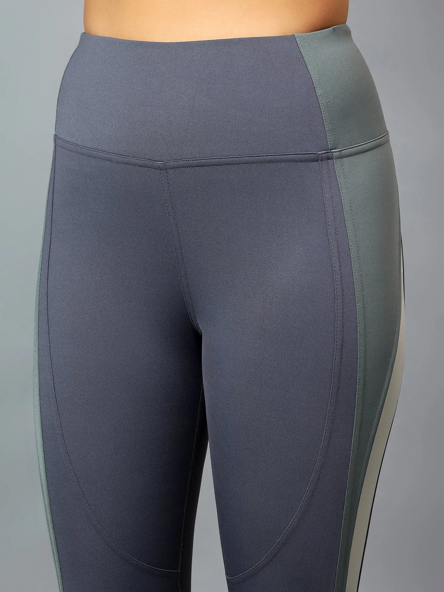 Fitkin Womens Grey Colorblock High Waist Curve Sculpting Tights