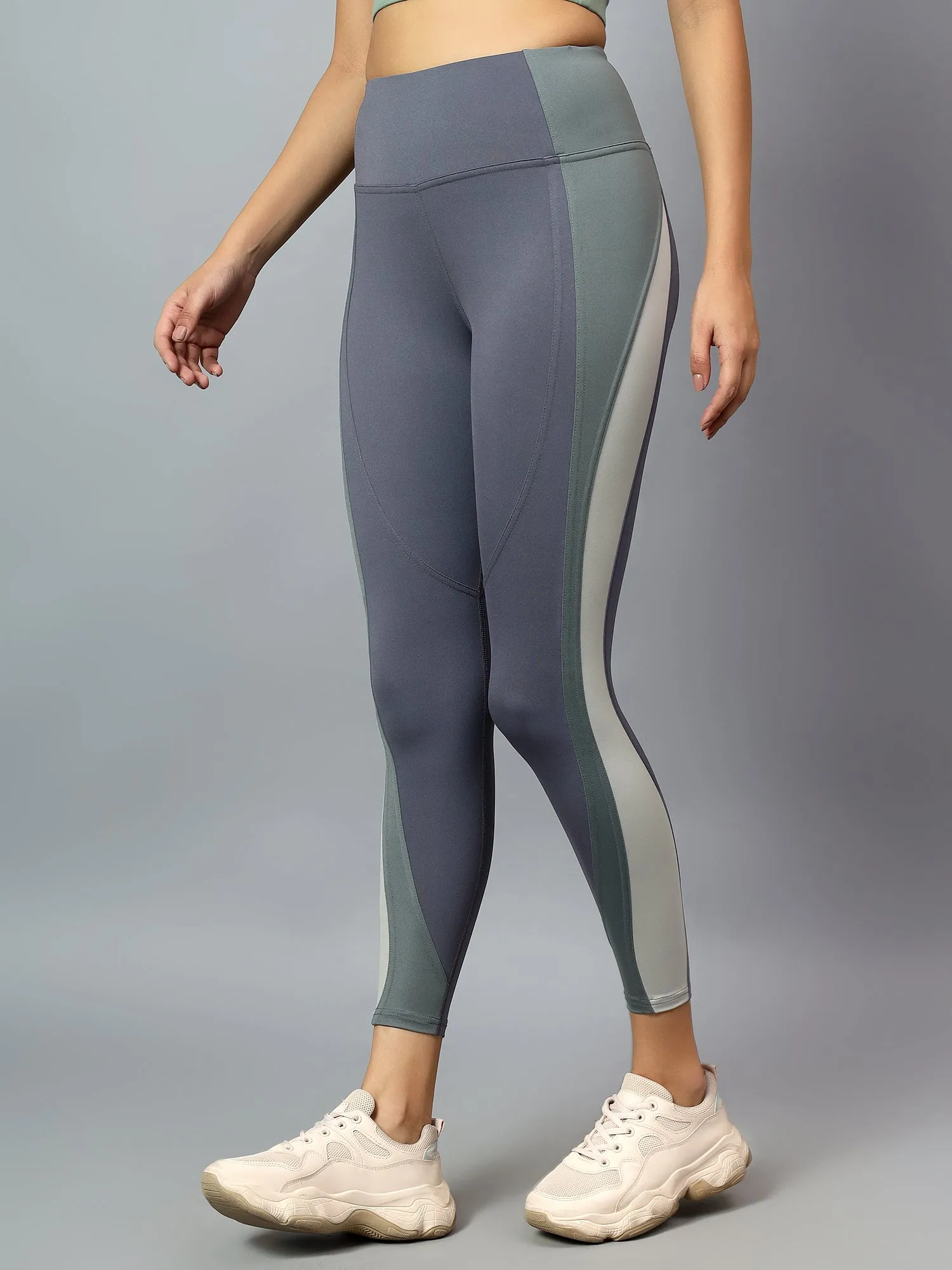 Fitkin Womens Grey Colorblock High Waist Curve Sculpting Tights