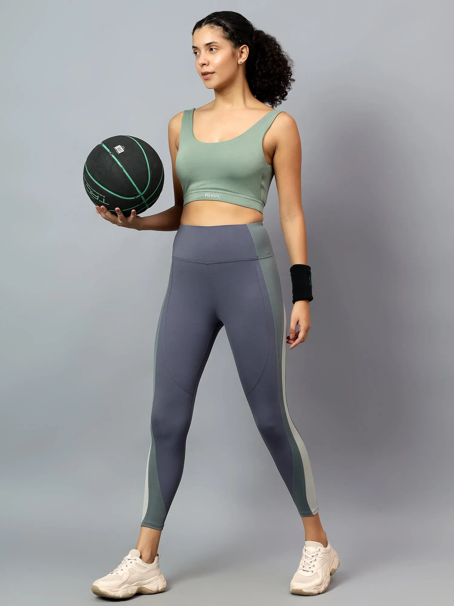 Fitkin Womens Grey Colorblock High Waist Curve Sculpting Tights