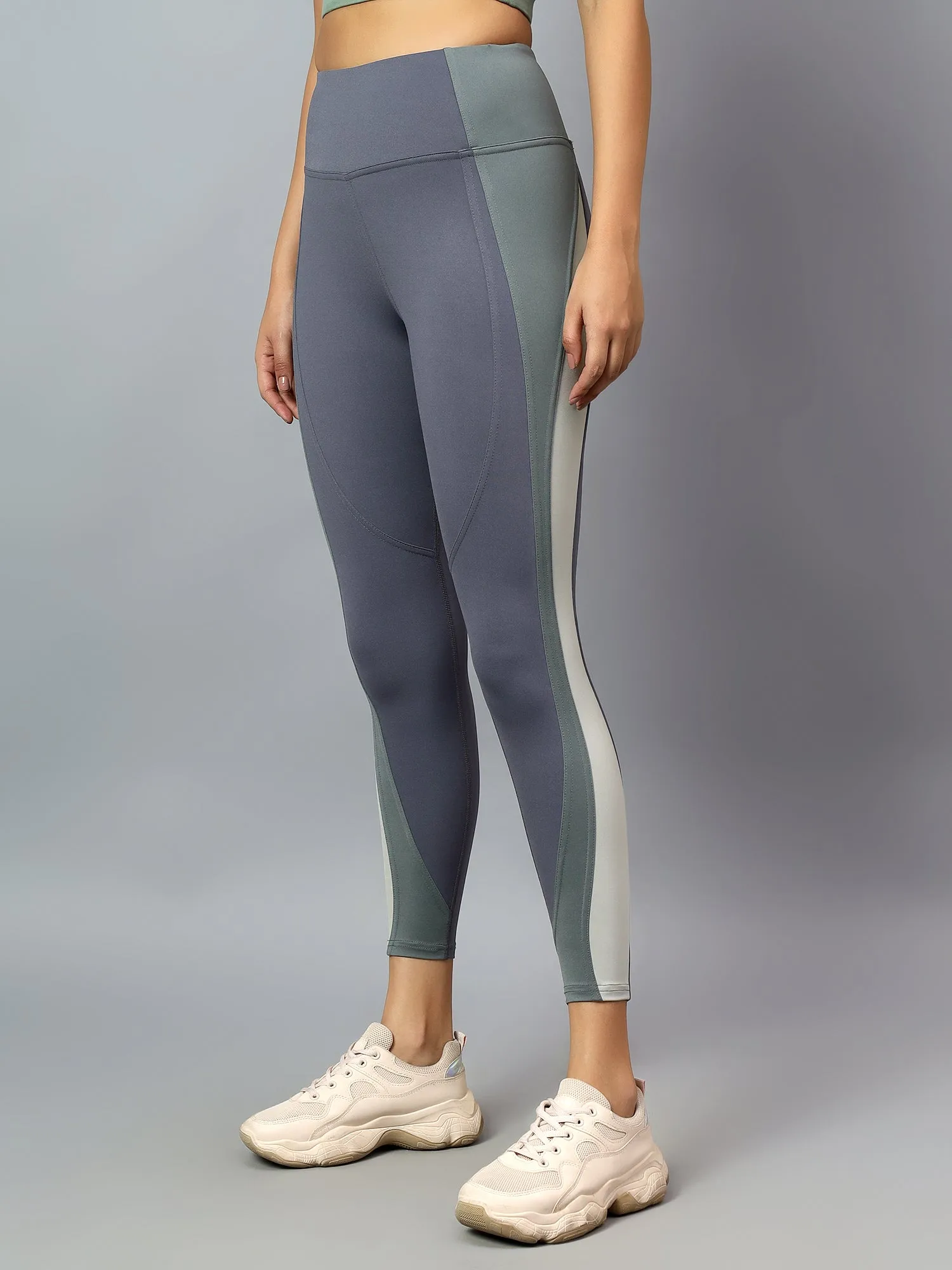 Fitkin Womens Grey Colorblock High Waist Curve Sculpting Tights