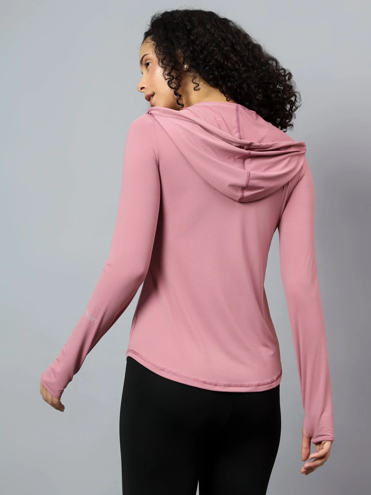 Fitkin Women's Mauve Self Design Longsleeve Hooded Tshirt