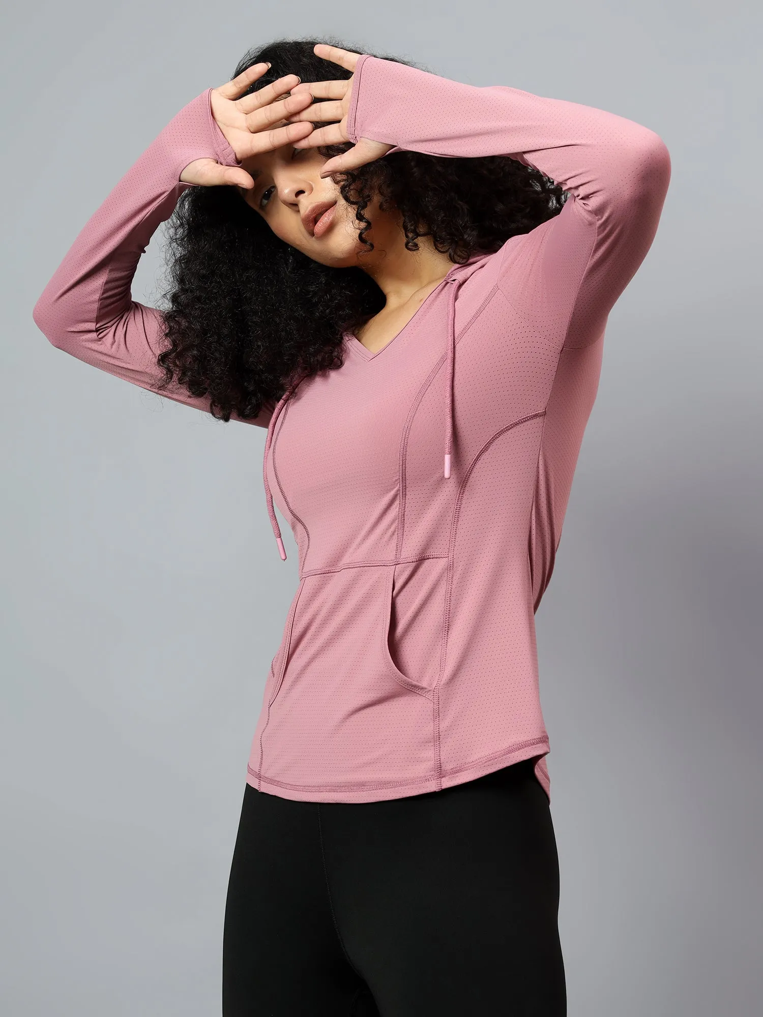 Fitkin Women's Mauve Self Design Longsleeve Hooded Tshirt